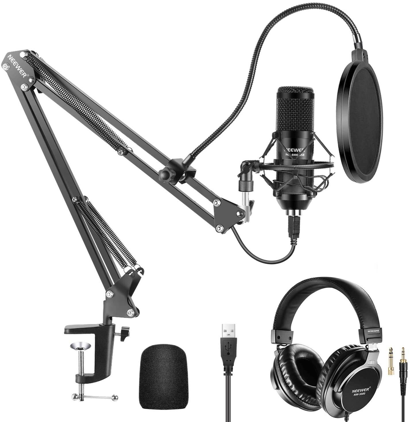 USB Microphone Kit 192KHz/24Bit Plug&Play Cardioid Condenser Mic with Monitor Headphones, Foam Cap, Arm Stand and Shock Mount for Karaoke/YouTube/Gaming Record/Podcasts/Singing etc