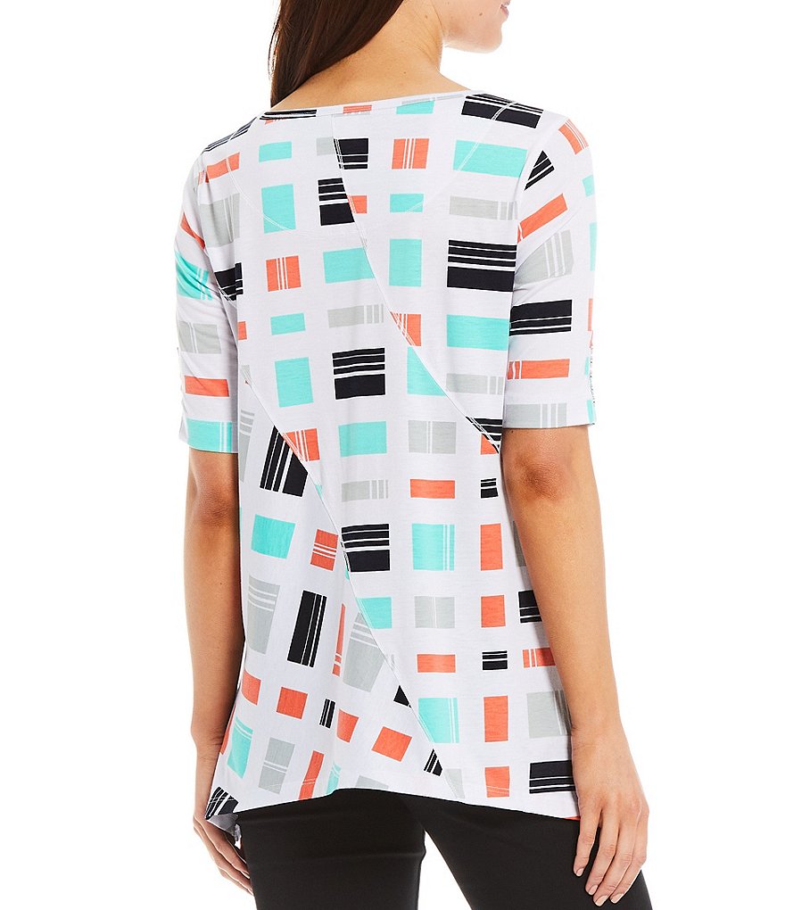 Ali Miles Petite Size Long Roll-Tab Sleeve Round V-Neck Pucker Knit Asymmetrical Tunic