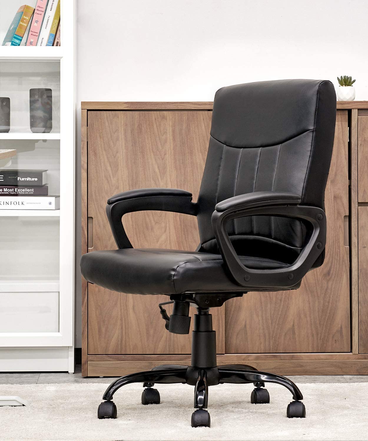 Mid Back Leather Office Executive Chair with Lumbar Support and Padded Armrestes Swivel Adjustable Ergonomic Design for Home Computer Desk
