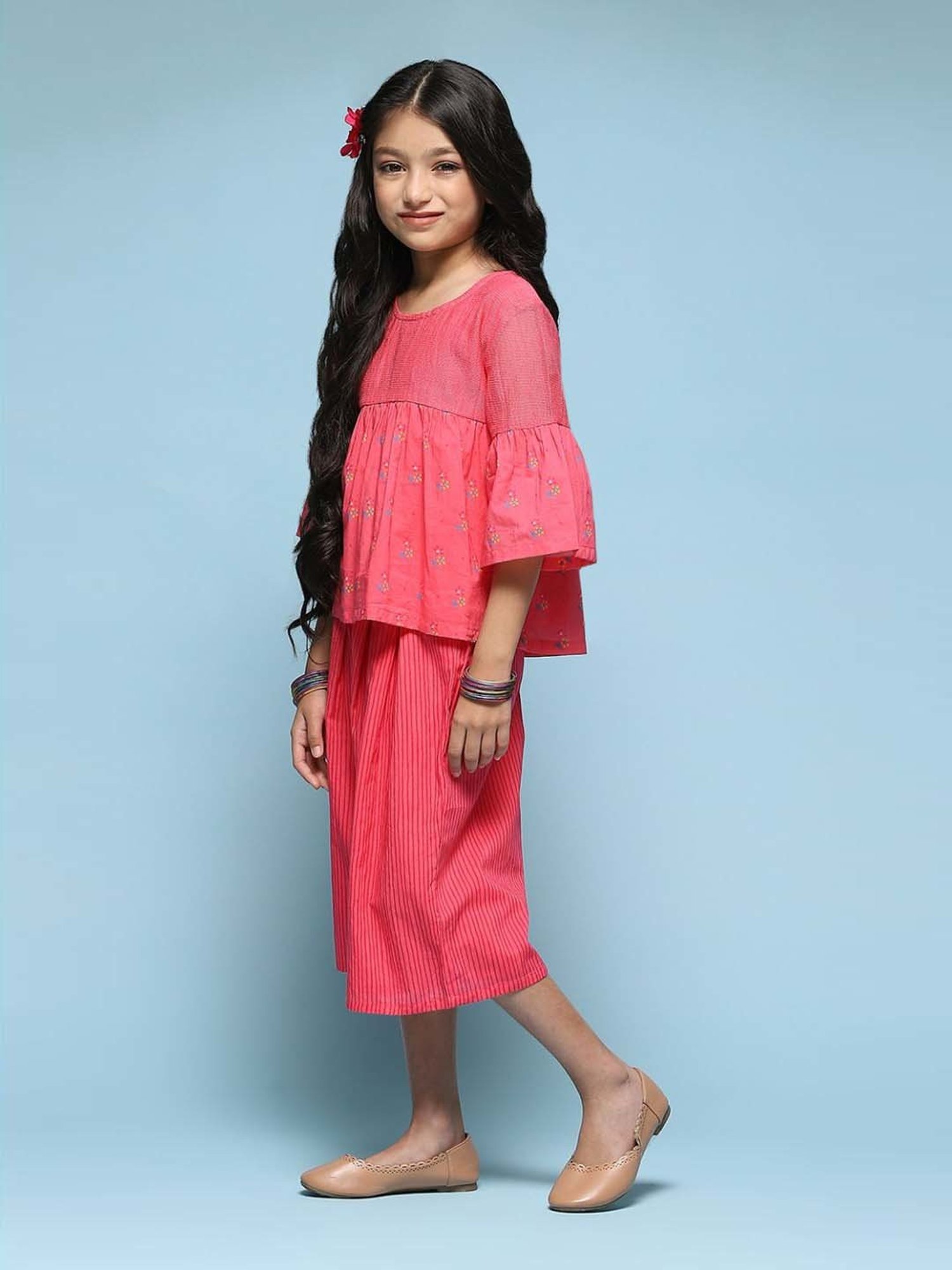 BIBA Girls Kids Pink Cotton Floral Print Top Set