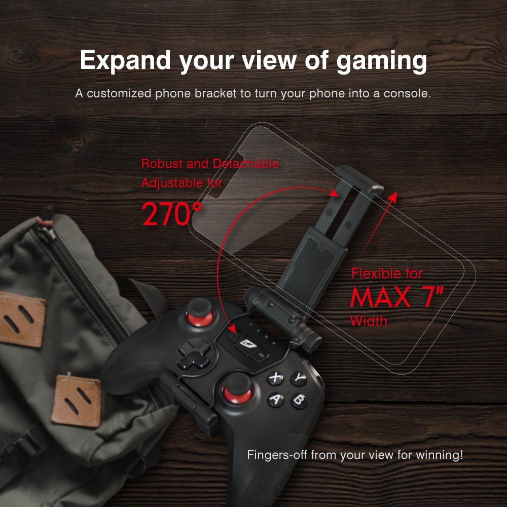 RT RockTek GP1000 3 Modes Wireless& Wired Gamepad Controller with Bluetooth/2.4GHz/Wired Support PC Steam Games/Phone Bracket/Vibration/PC Xinput/Android