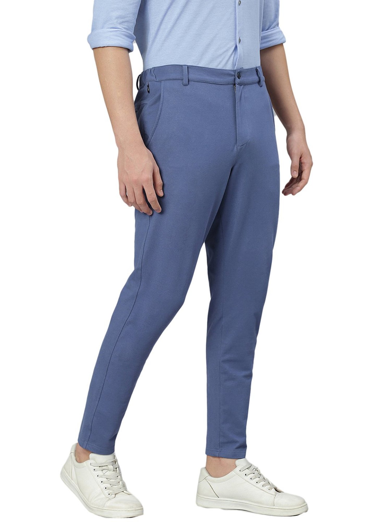 Slowave Light Blue Regular Fit Denim Flat Front Trousers