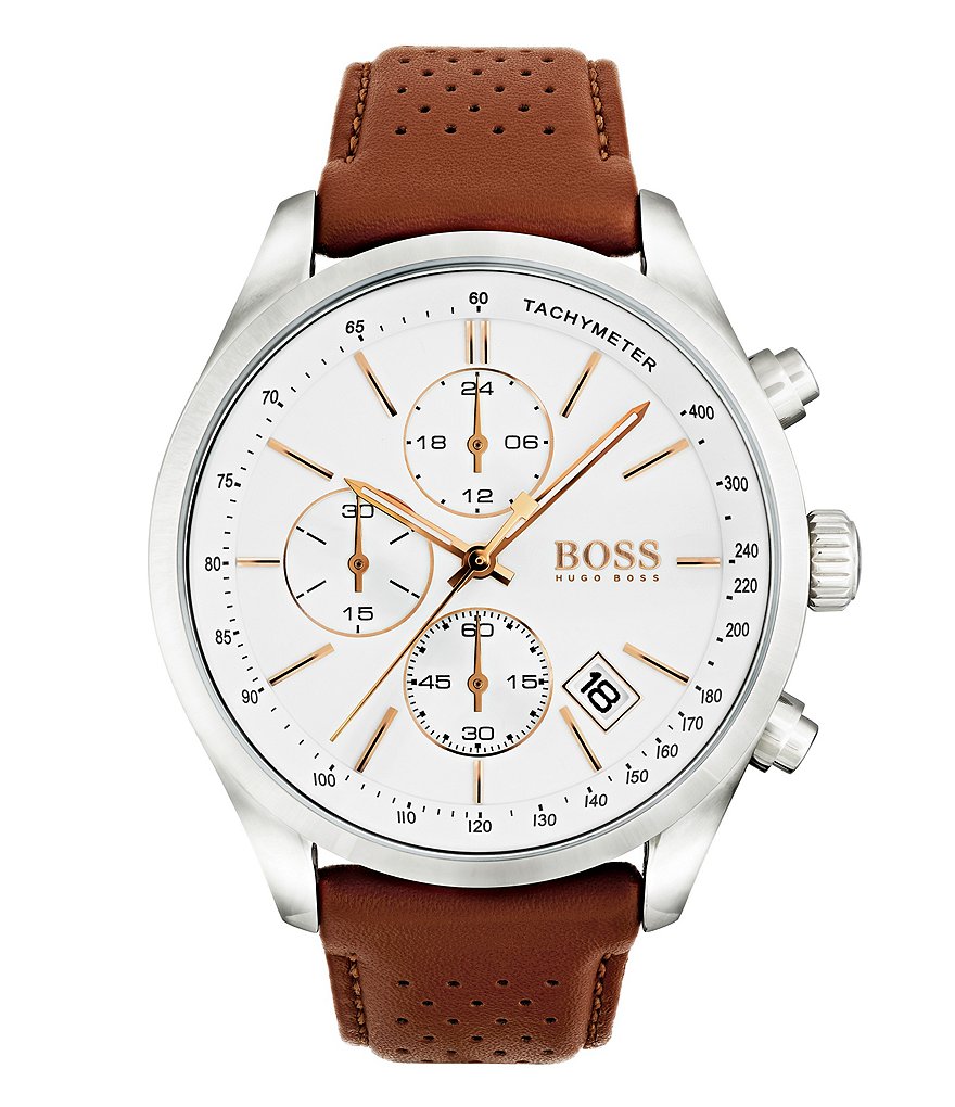 BOSS Hugo Boss Grand Prix Chronograph & Date Perforated Light Brown Leather-Strap Watch