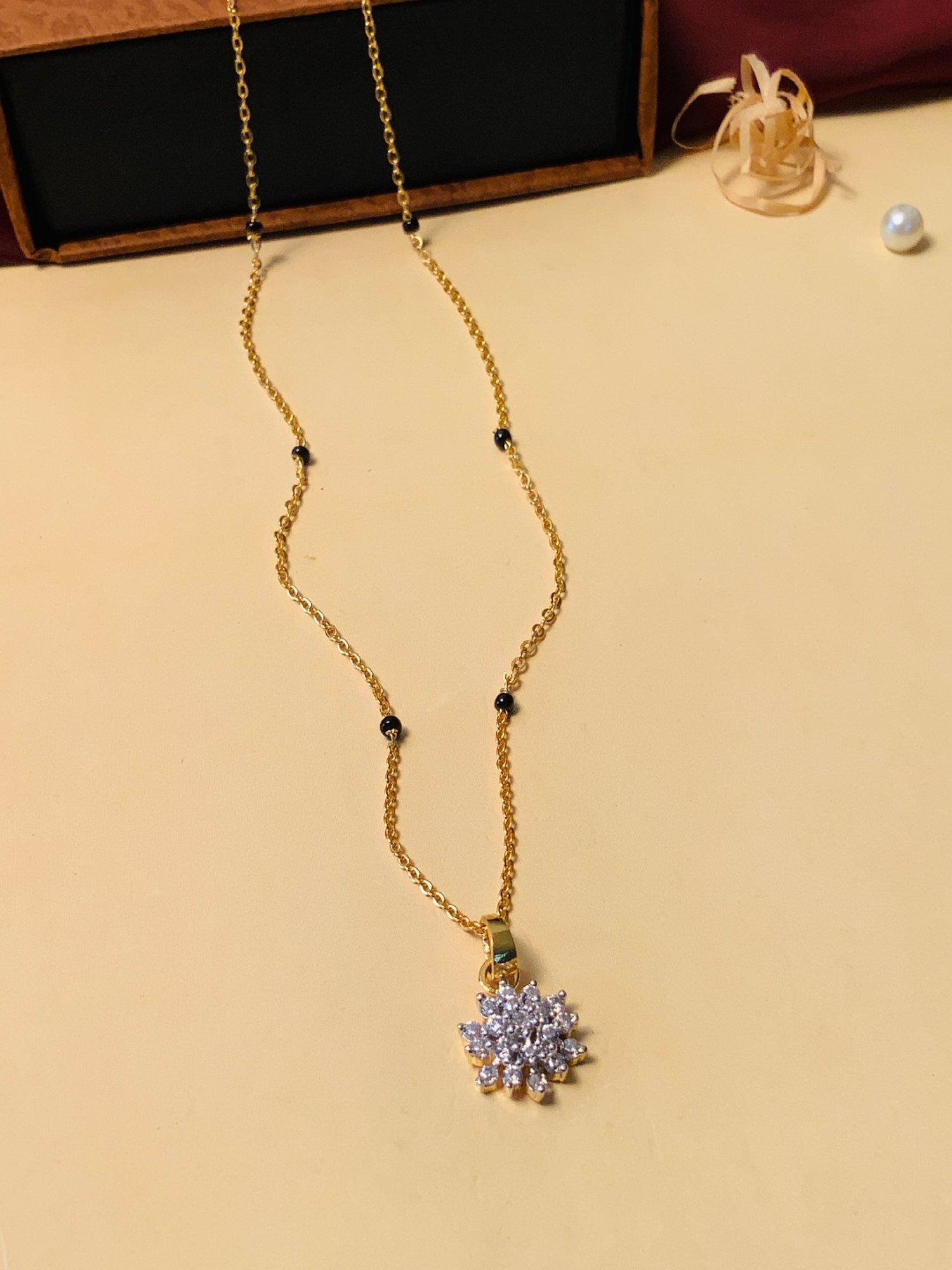 Abdesigns Gold-Plated American Diamond & Black Beaded Mangalsutra