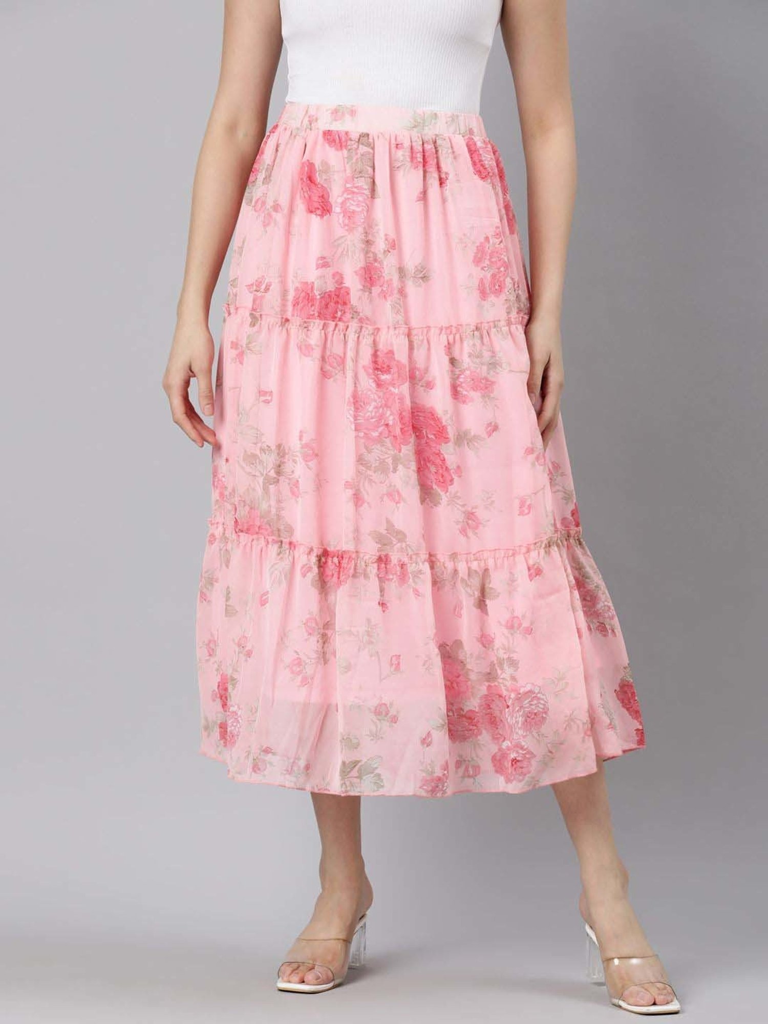 TWIN BIRDS Pink Floral Print A-Line Skirt