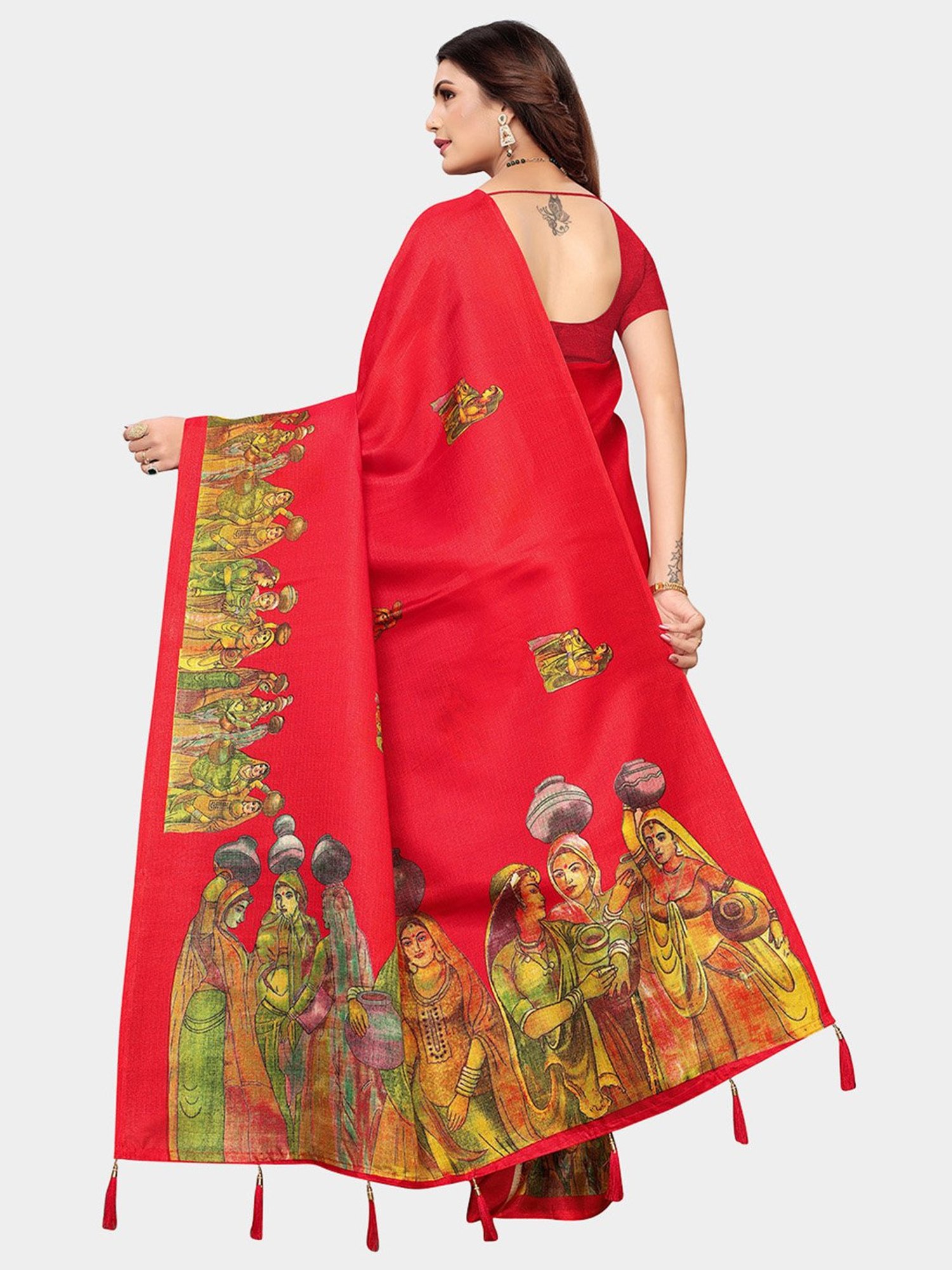 KSUT Red Printed Saree With Blouse