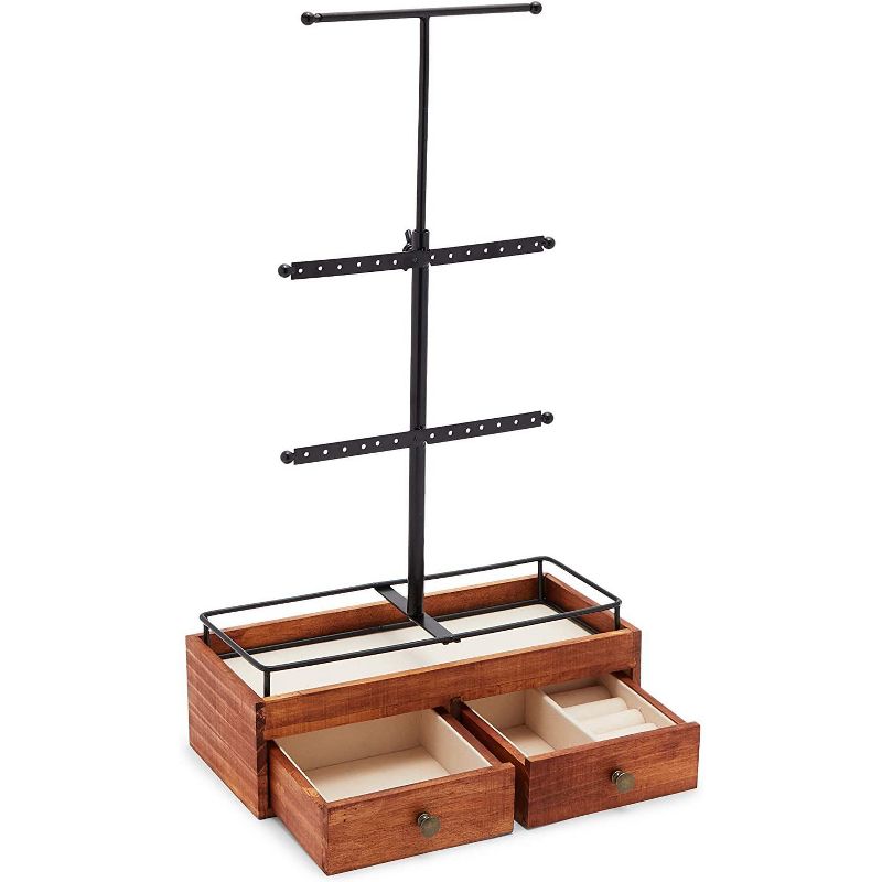 Farmlyn Creek 2-Pack Wooden Jewelry Display Stand with 3 Tiers and Drawers (9.6 x 4.5 x 20 In)