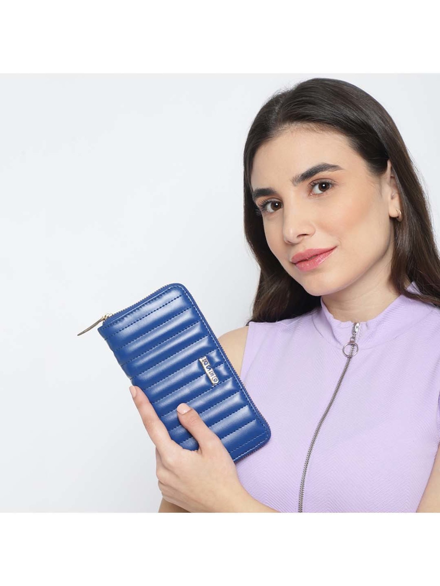 KLEIO Blue Quilted Zip Around Wallet for Women