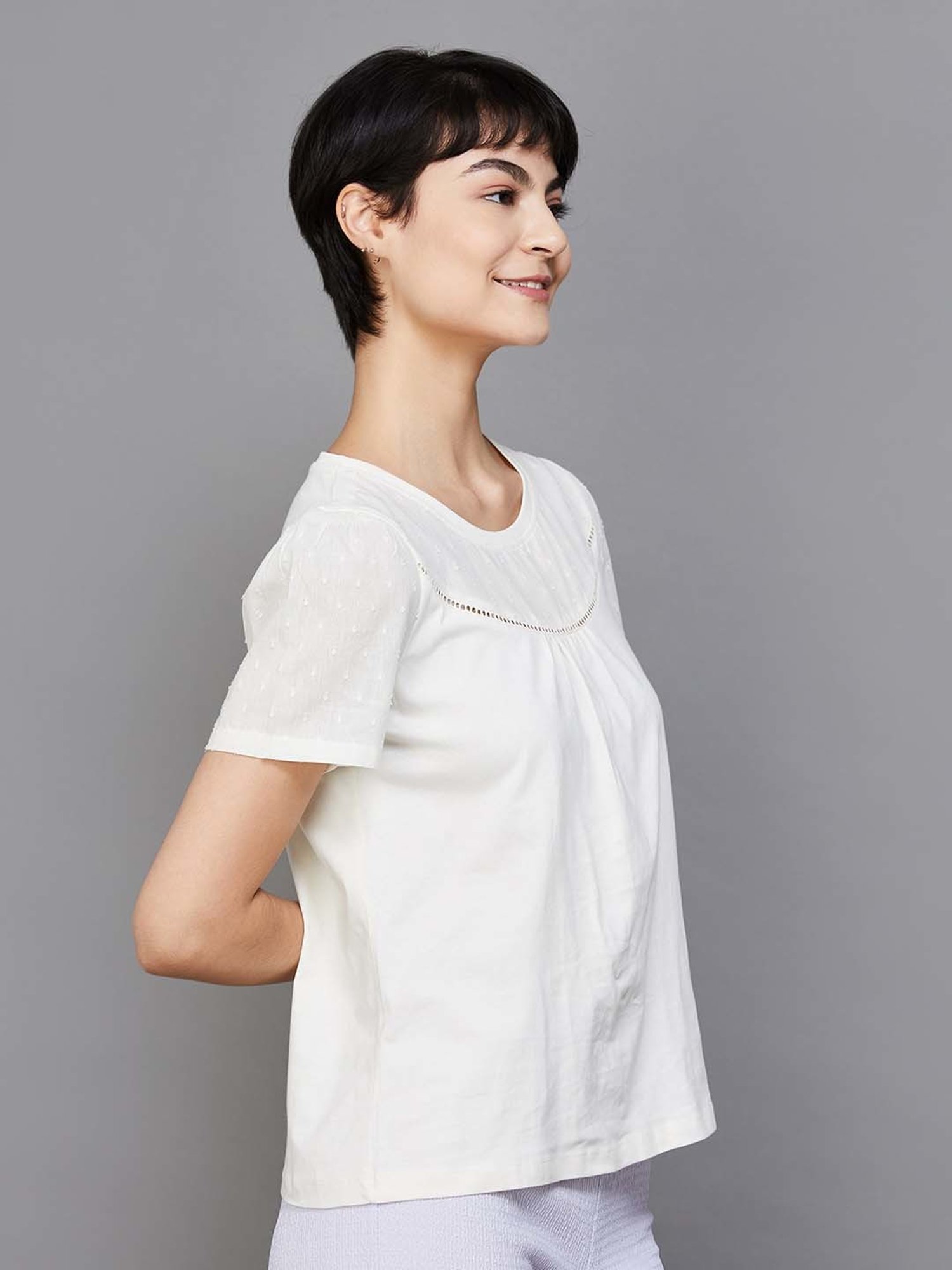 Fame Forever by Lifestyle White Cotton Self Pattern Top