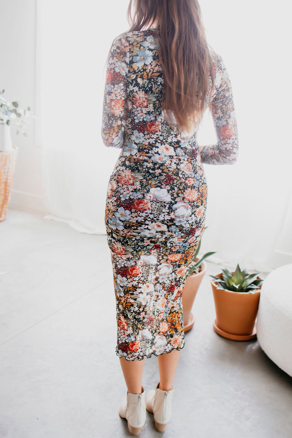 Multicolour Floral Print Split Neck Midi Dress
