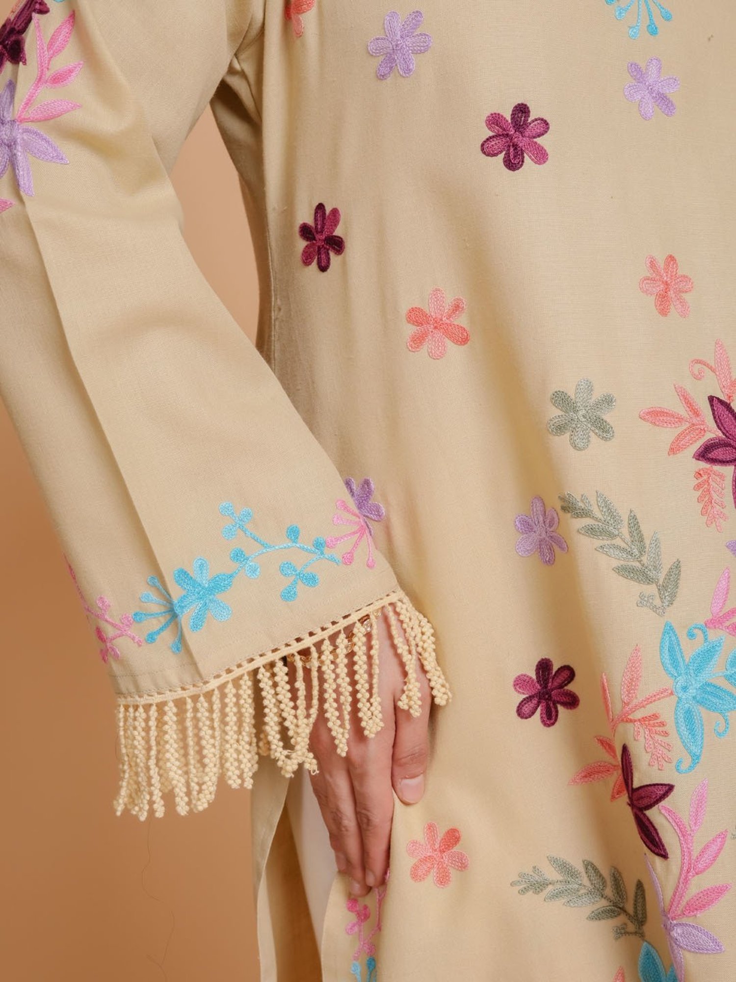 House of Kari Falak Kashmiri Long Kurta  Beige