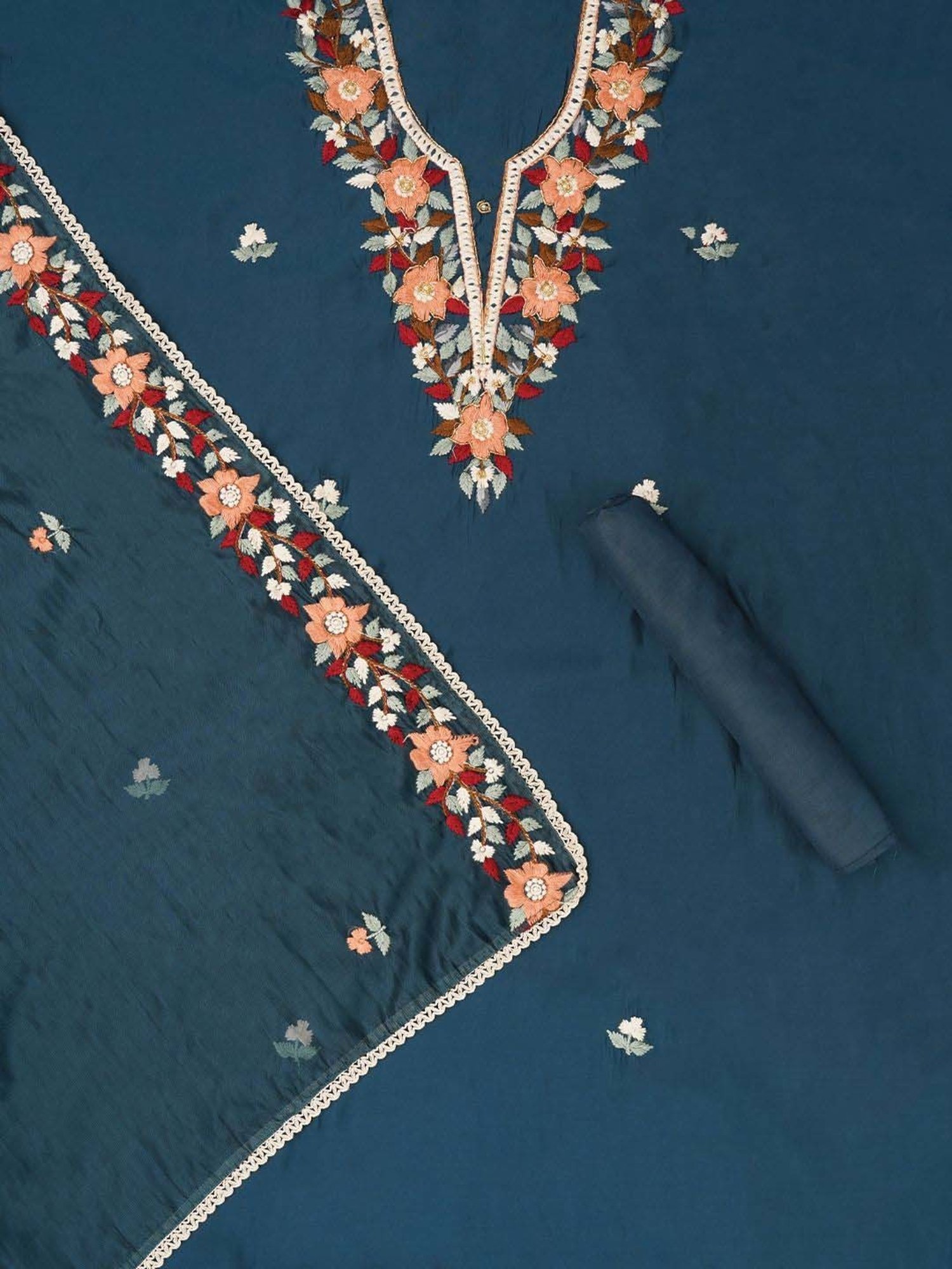 Jaipur Kurti Teal Blue Embroidered Unstitched Dress Material