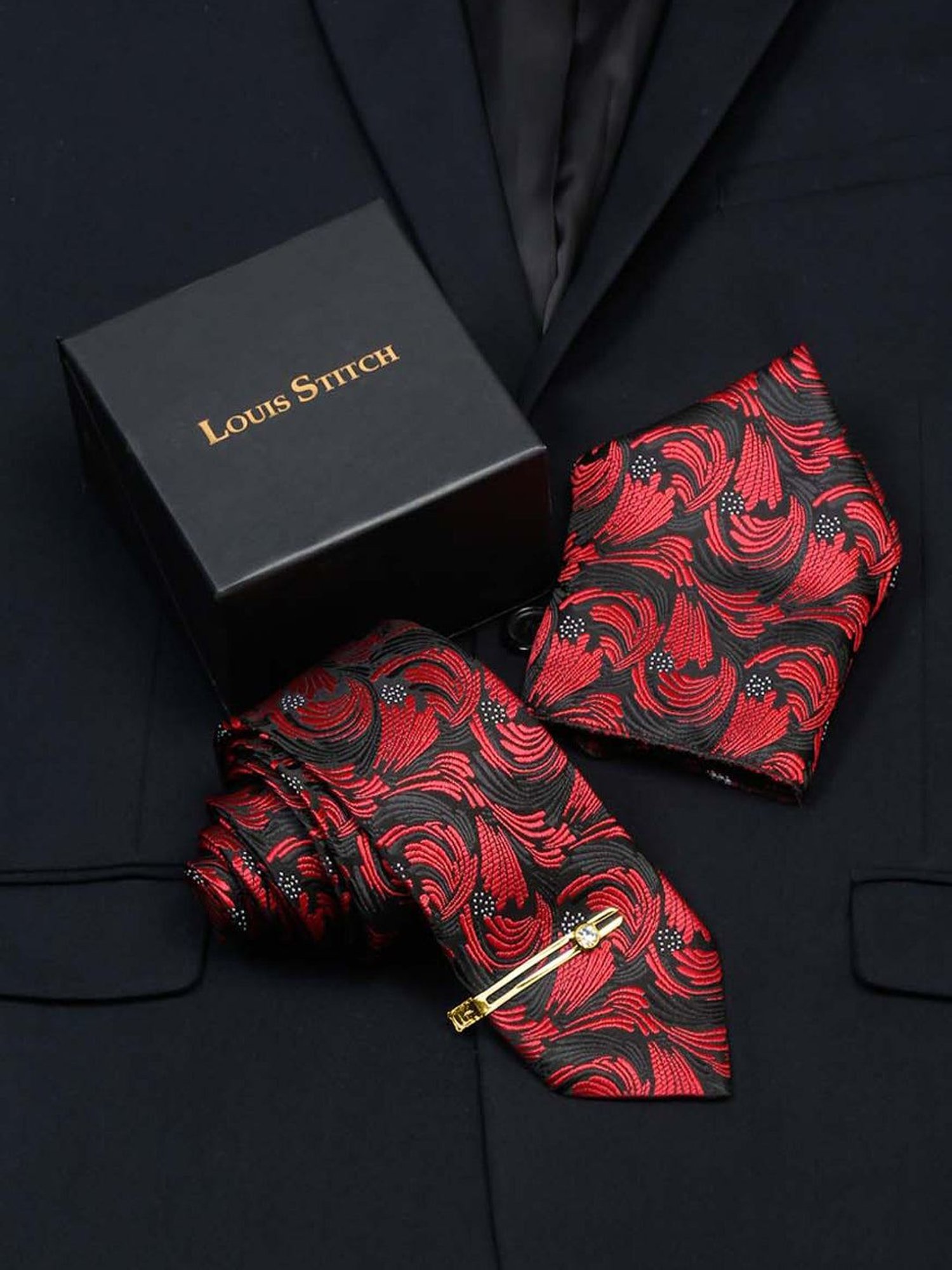 Louis Stitch Red Printed Necktie Gift Set - Set of 3