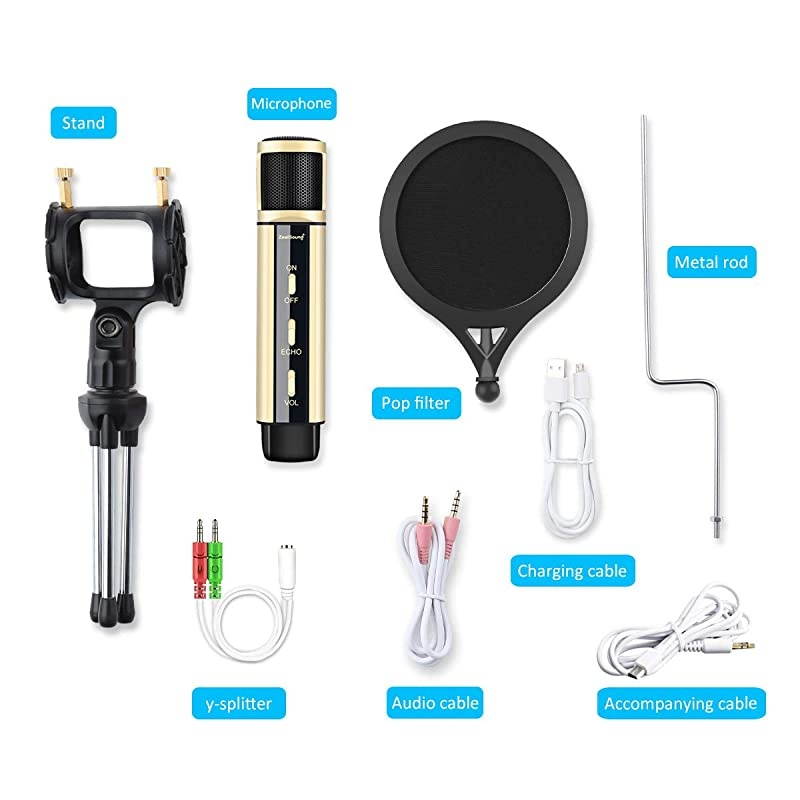 Studio Recording Microphone,  Condenser Broadcast Microphone w/Stand Built-in Sound Card Echo Recording Karaoke Singing for Phone Computer PC Garageband Smule Live Stream & YouTube (Gold)