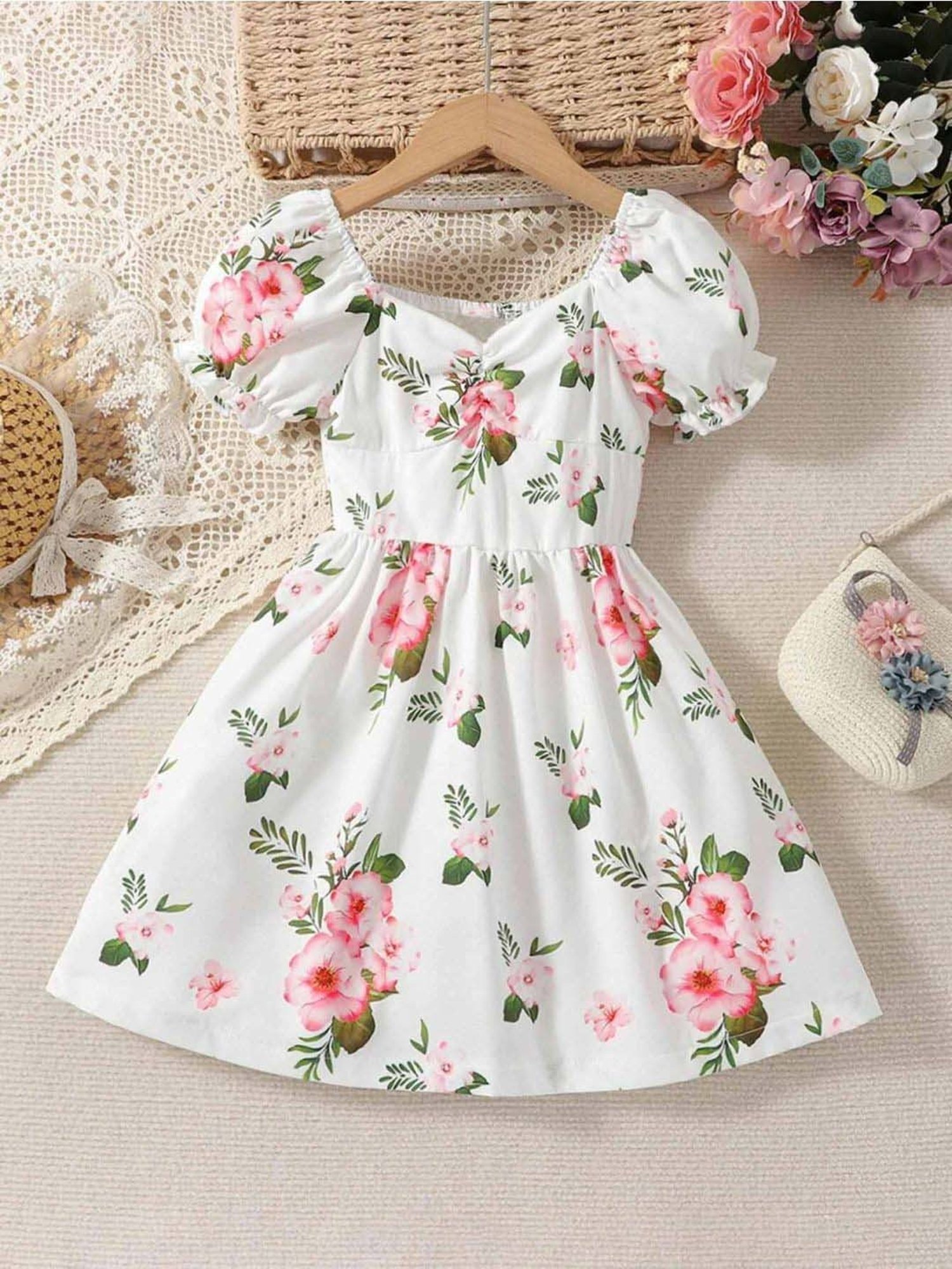 Bolly Lounge Girls White Rice & Pink Floral Dress