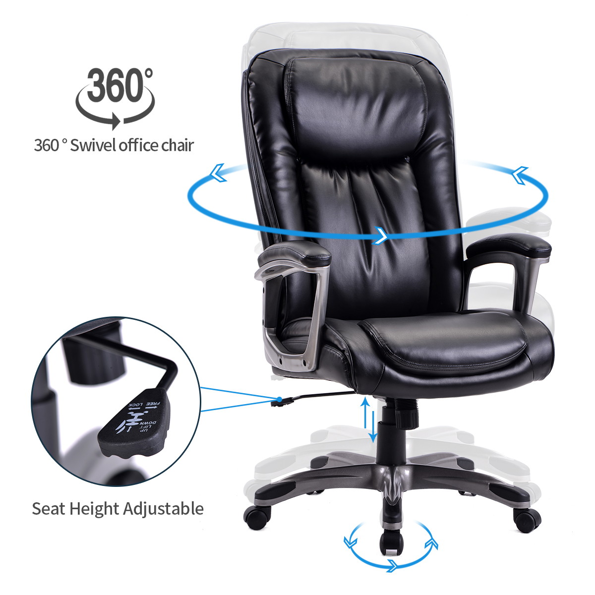Homeoffice High-Back PU Leather Chair with Casters, Swivel, Adjustable Office Desk Chair, Black