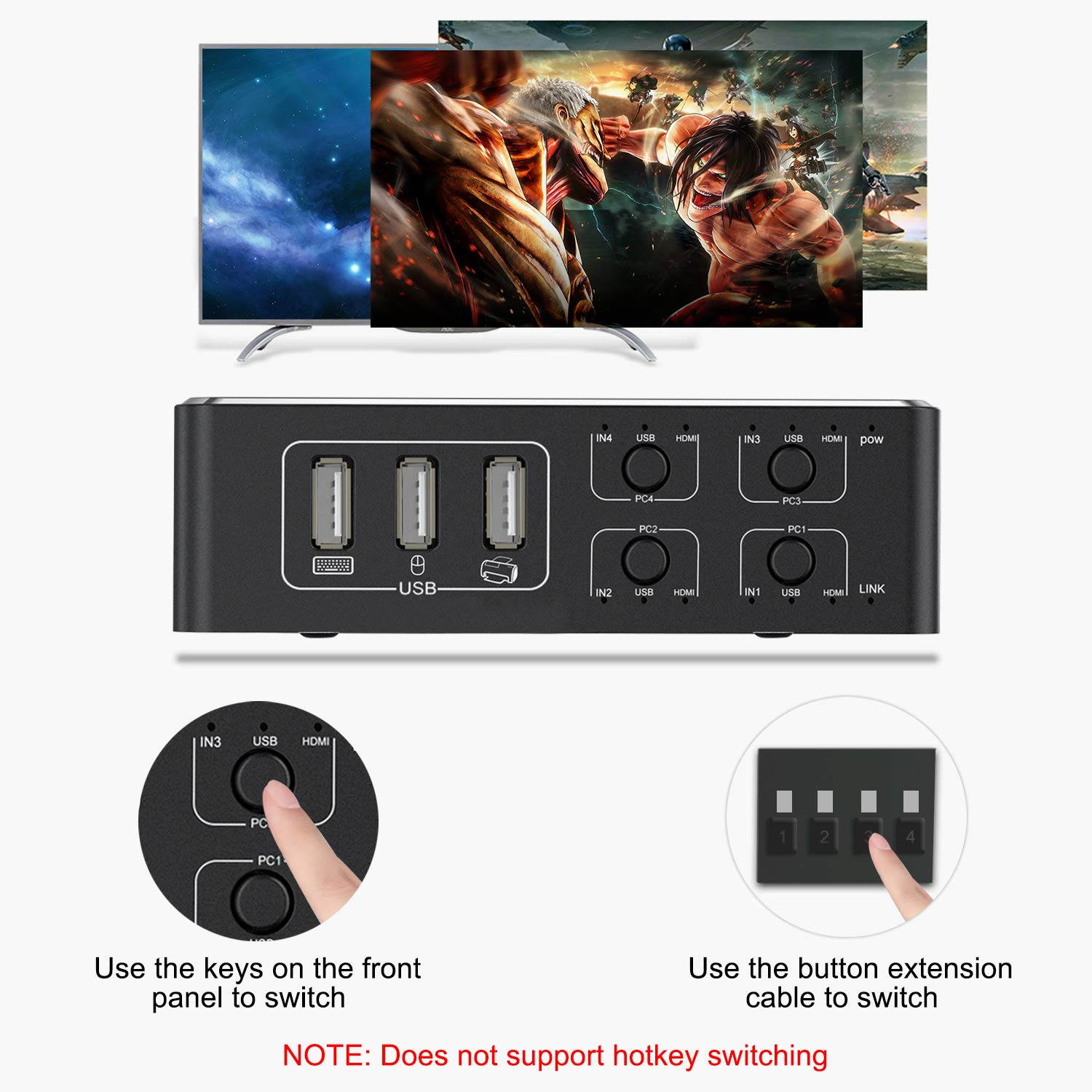 4 in 1 Out KVM Switch Box Keyboard Mouse Printer Switcher Include 4 USB Type-B Cable Support 4K@60Hz, EDID/HDCP 2.2 3D for Laptop PS4 Xbox one HDTV Monitor