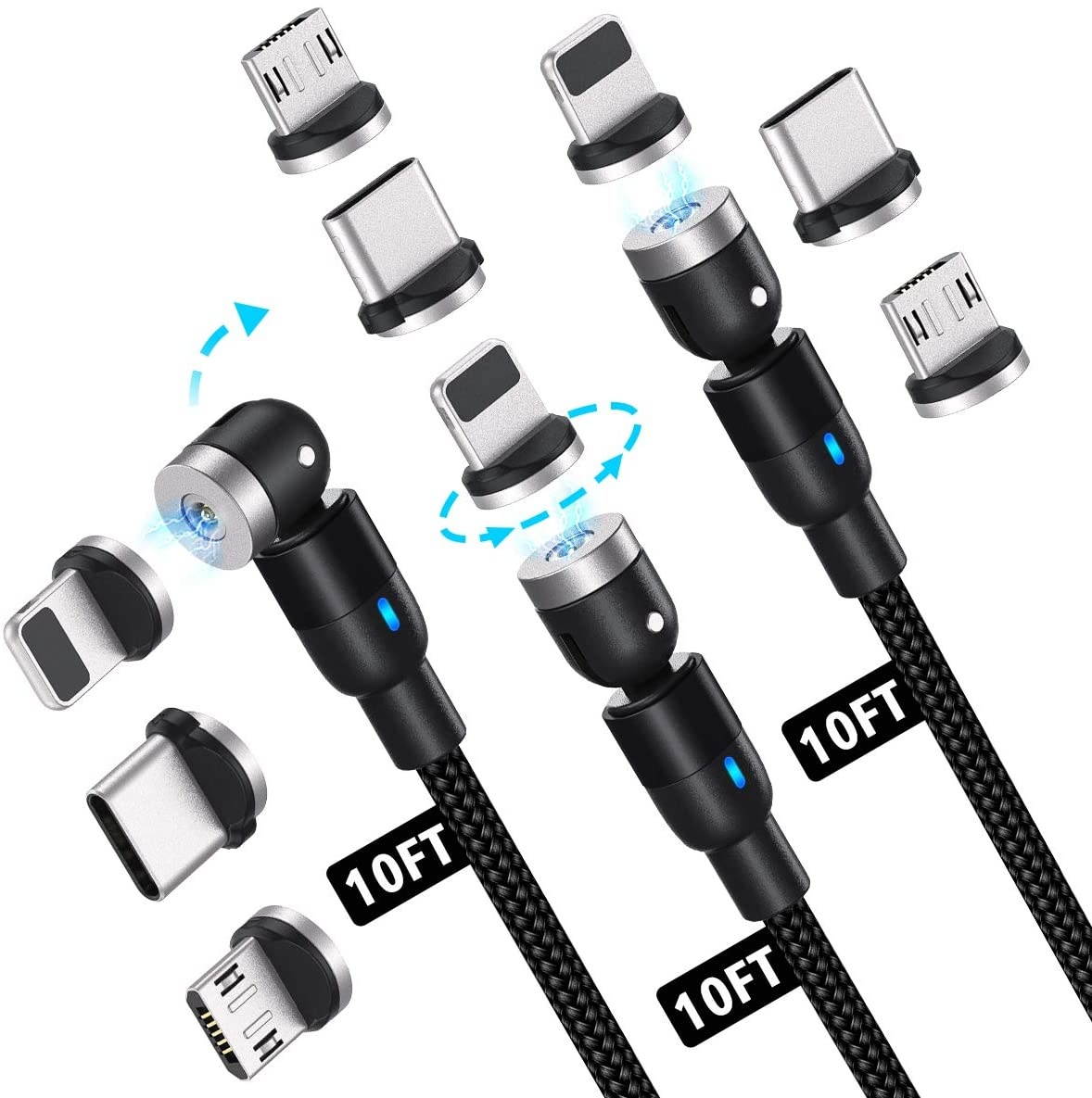 Magnetic Charging Cable 10ft [3-Pack] Melonboy 360&deg&180&deg Rotation Magnetic Phone Charger Cable Nylon Braided 3 in 1 Magnetic Cable Compatible with Micro USB Type C and iProduct - Black