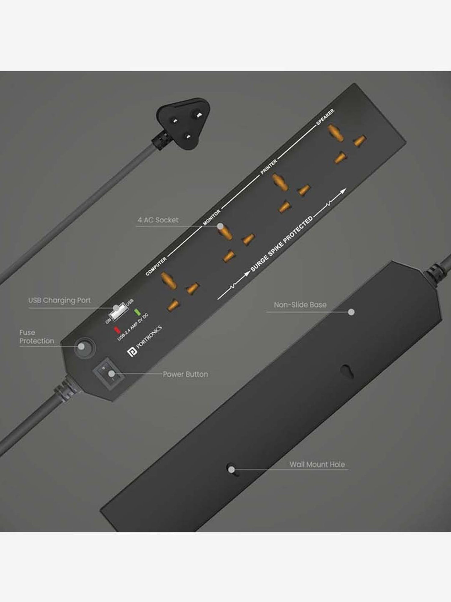 Portronics Power Plate 4 POR-1291 with 4 Power Sockets and USB Port Surge Protector (Black)