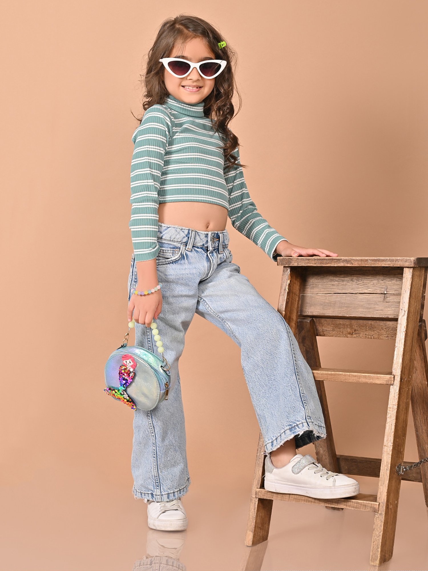 LilPicks Kids Green & White Striped Full Sleeves Crop Top