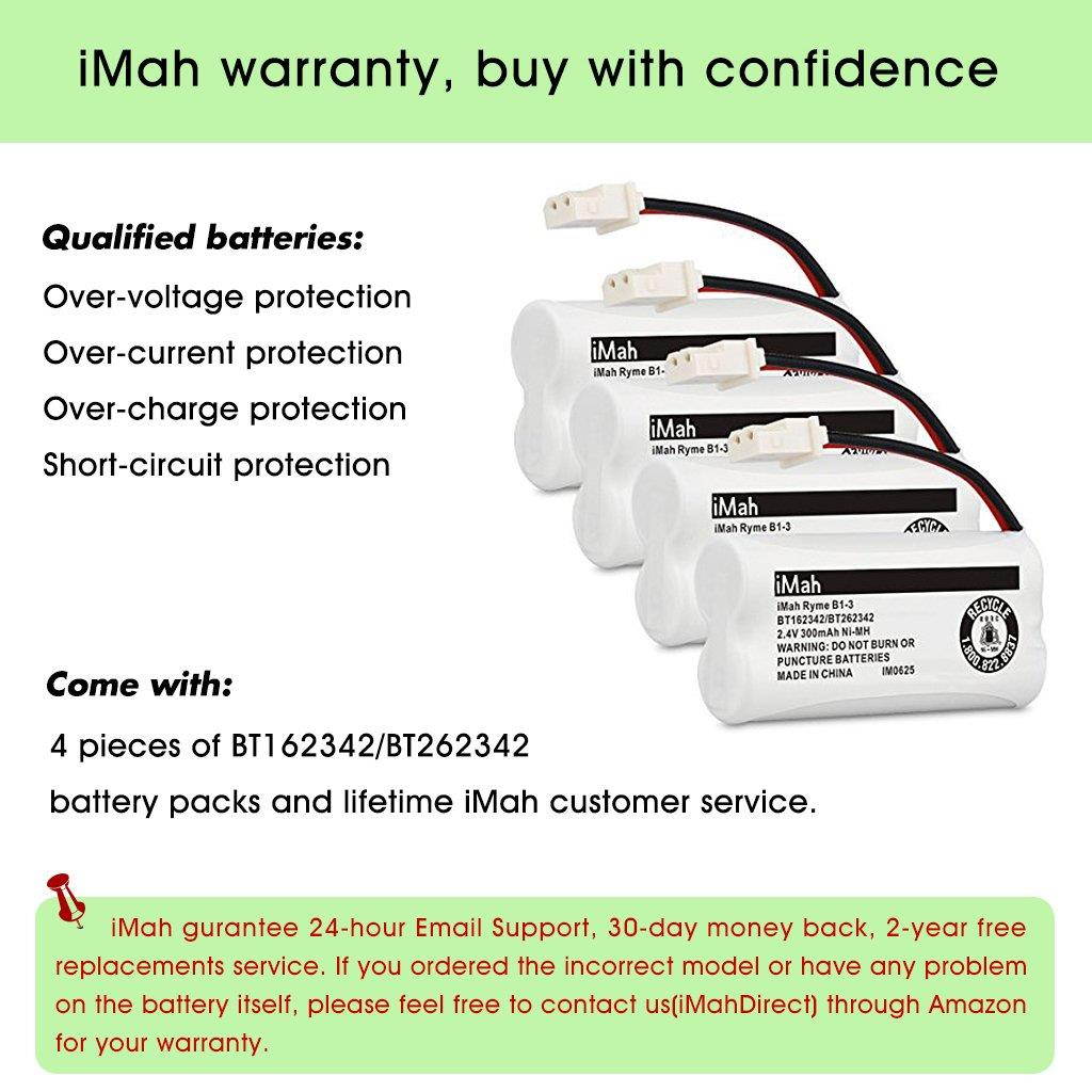 iMah BT162342/BT262342 2.4V 300mAh Ni-MH Cordless Phone Batteries Compatible with VTech CS6719 CS6114 CS6409 CS6419 CS6429 at&T CL80112 EL52300 EL52400 Handset Telephone, Pack of 4