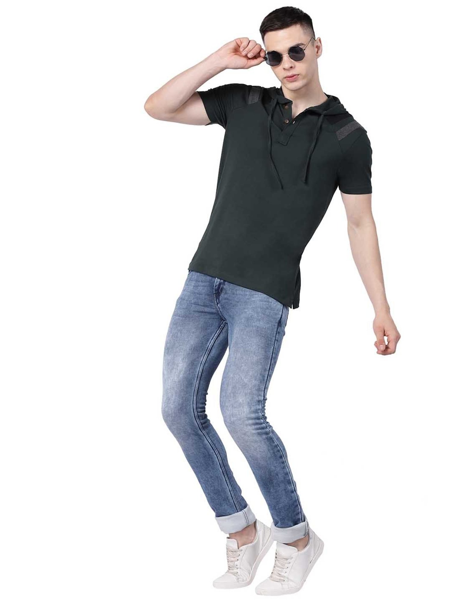 Kalt Dark Green Regular Fit Striped Hooded T-Shirt