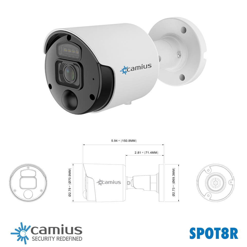 Camius Spot8R 4K PoE Spotlight Security Camera, 1-Way Audio - built-in mic, Micro SD slot, night vision, RTSP, P2P, Browser, PC, Mac, Mobile view, PIR, Sound, Face, Vehicle Smart Detection