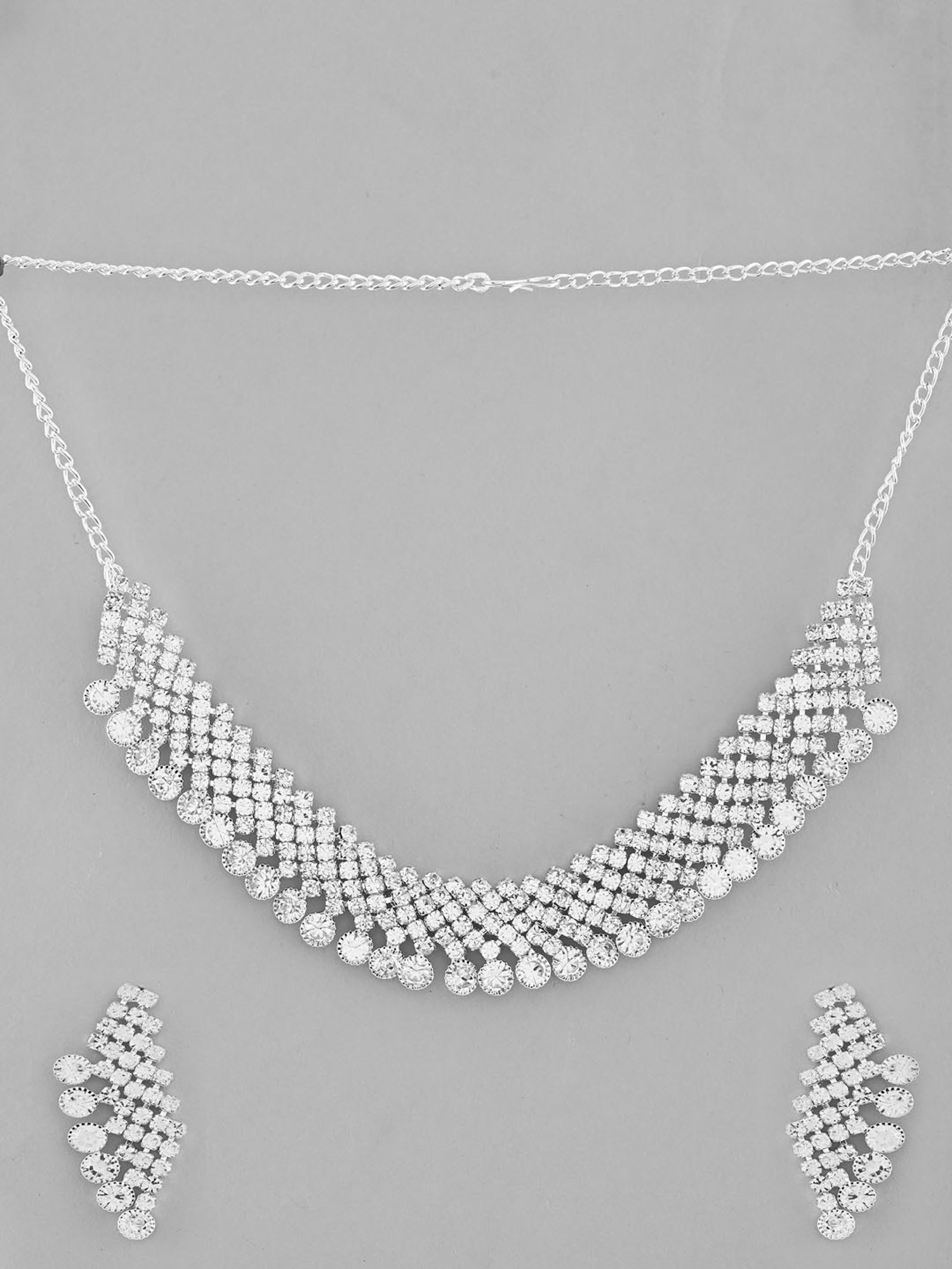 VOJ Ad Stone Studded Silver Plated Necklace with Drop Earrings Set for Women