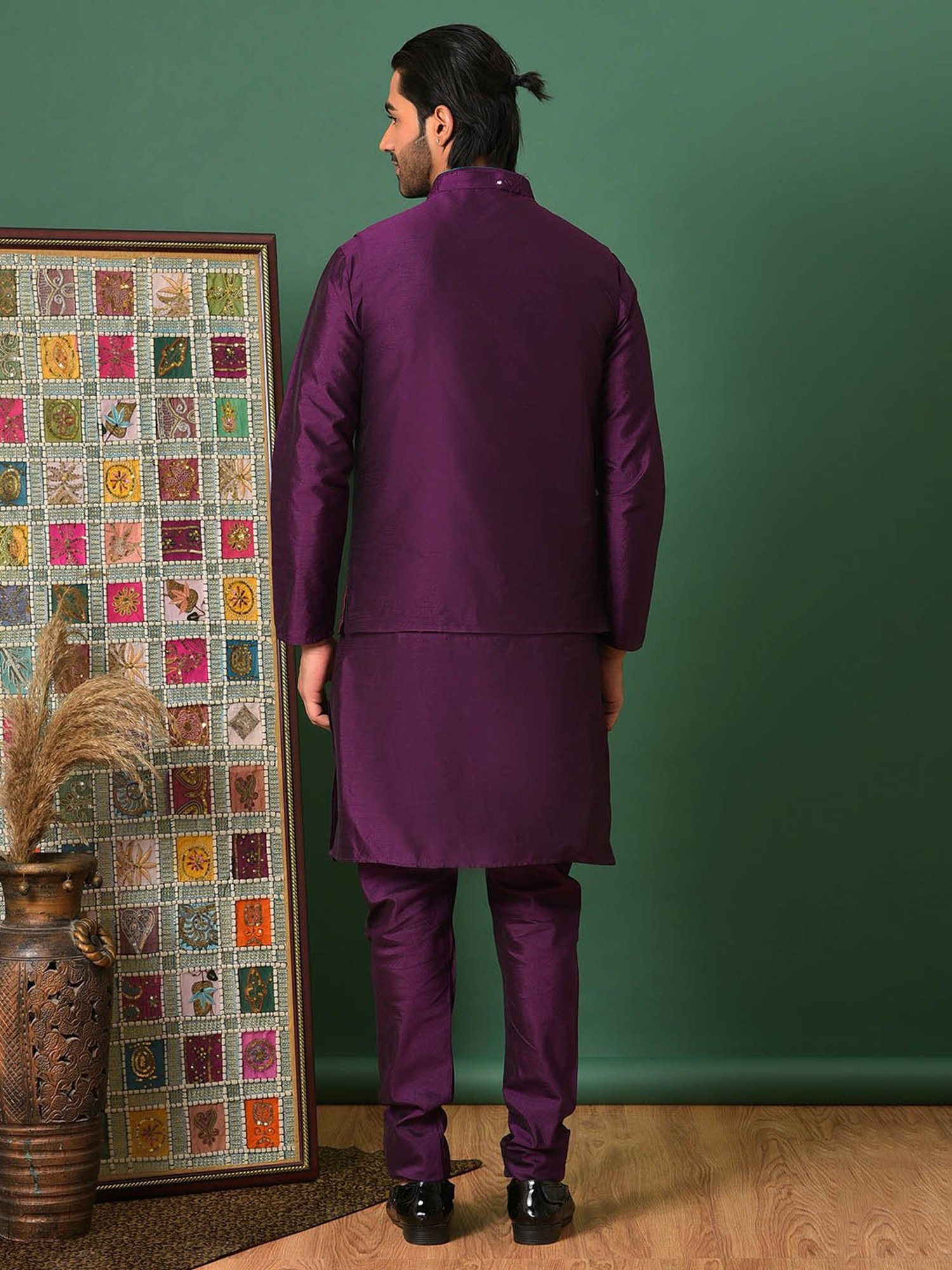 Hangup Dark Purple Regular Fit Embroidered Kurta & Pyjamas With Nehru Jacket