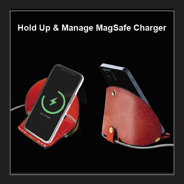 VogDUO- Genuine Leather Stand, MagSafe Charger cable-secured design, Foldable, lightweight, multi-angle, Compatible with iPhone 8 to iPhone 12 Pro Max, Google Pixel, Samsung Galaxy