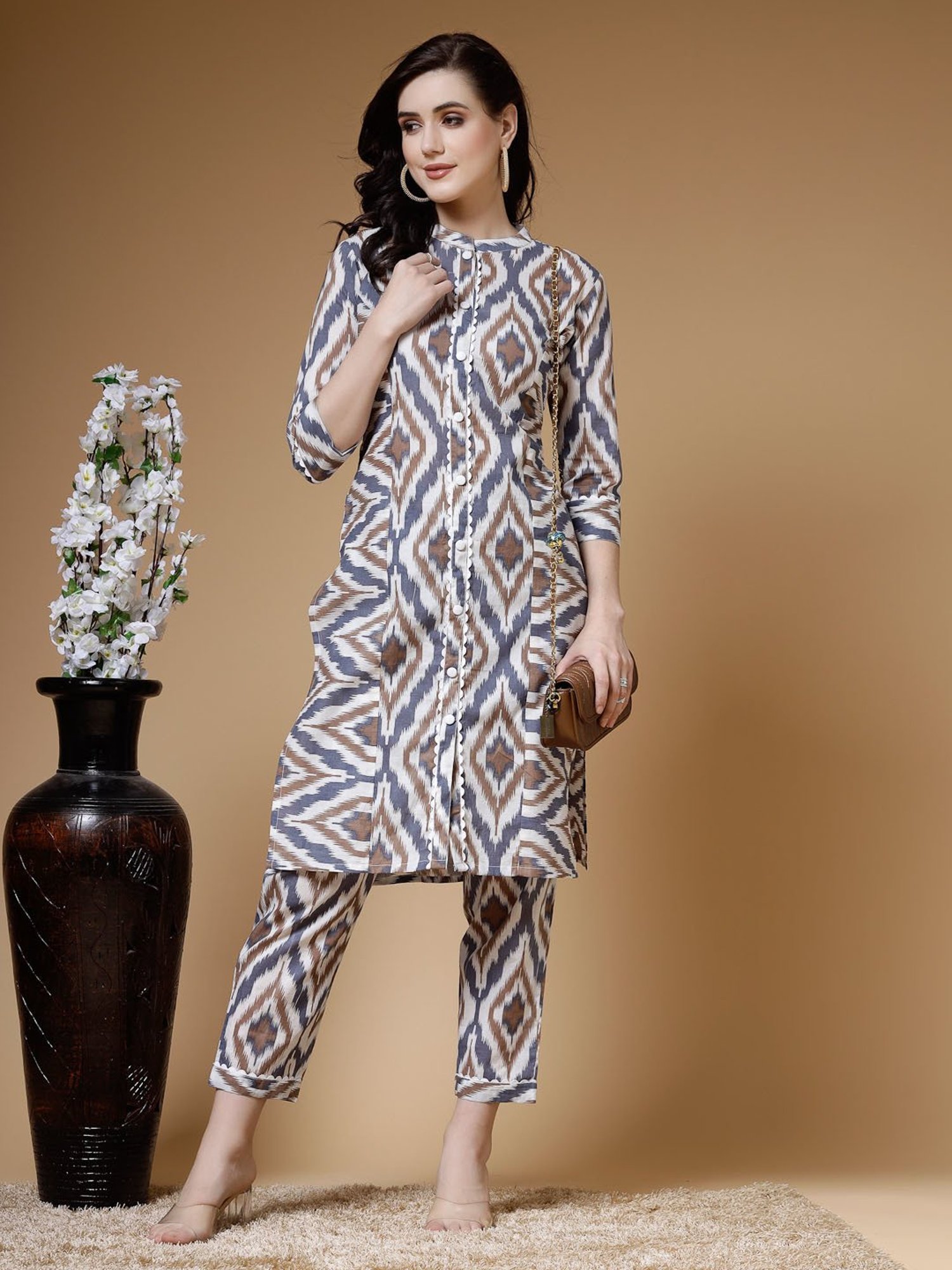 Indibelle Grey Cotton Printed A Line Kurta