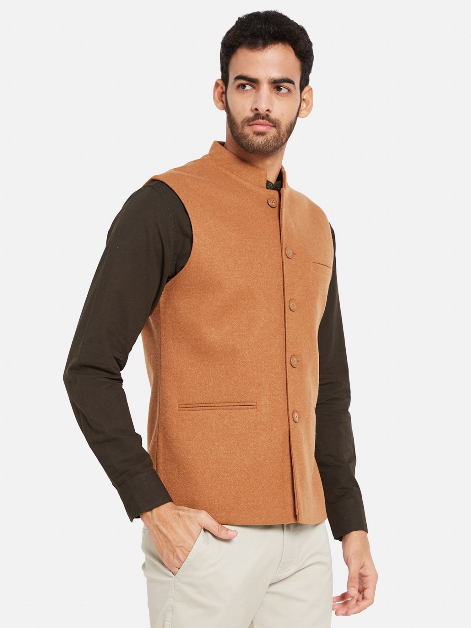 METTLE Tan Cotton Linen Regular Fit Nehru Jacket