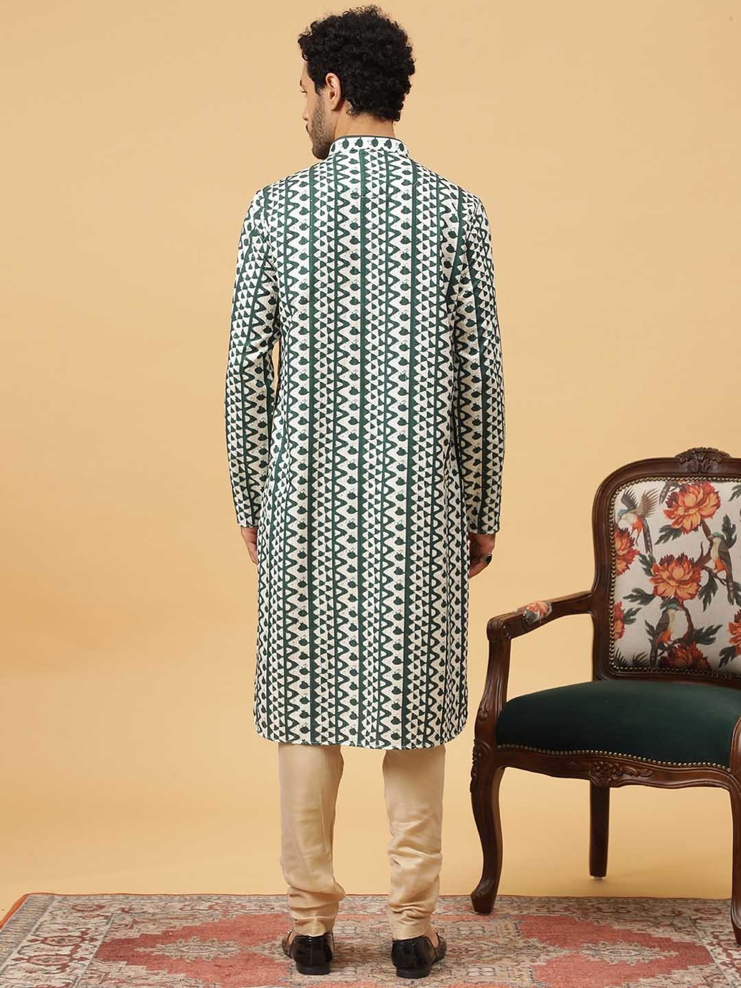 TABARD Green & Beige Regular Fit Embroidered Kurta & Churidar Set