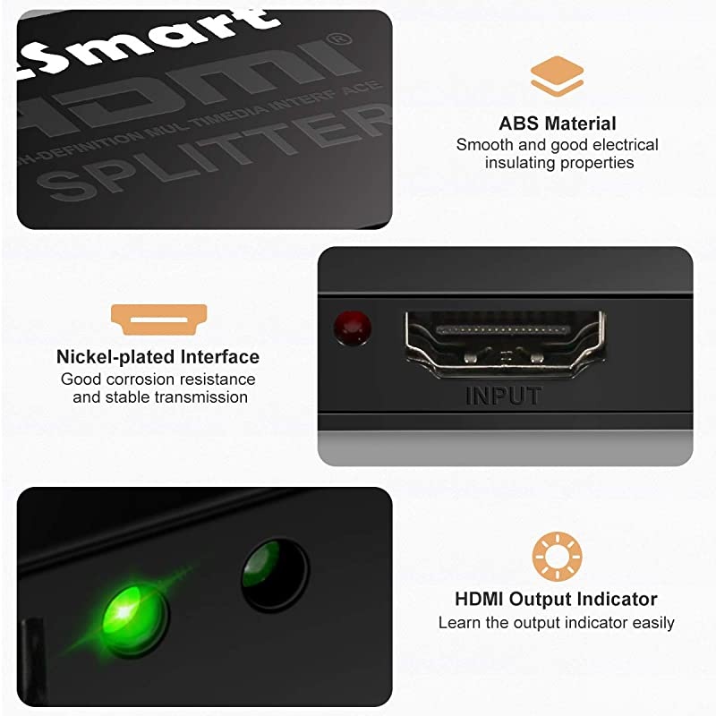 1x2 HDMI Splitter 4k 2 Way HDMI Splitter 1 in 2 Out Switcher Support 4Kx2K@30Hz 1080P 3D 3840 2160 for Xbox PS4 Sky Box,DVD Player