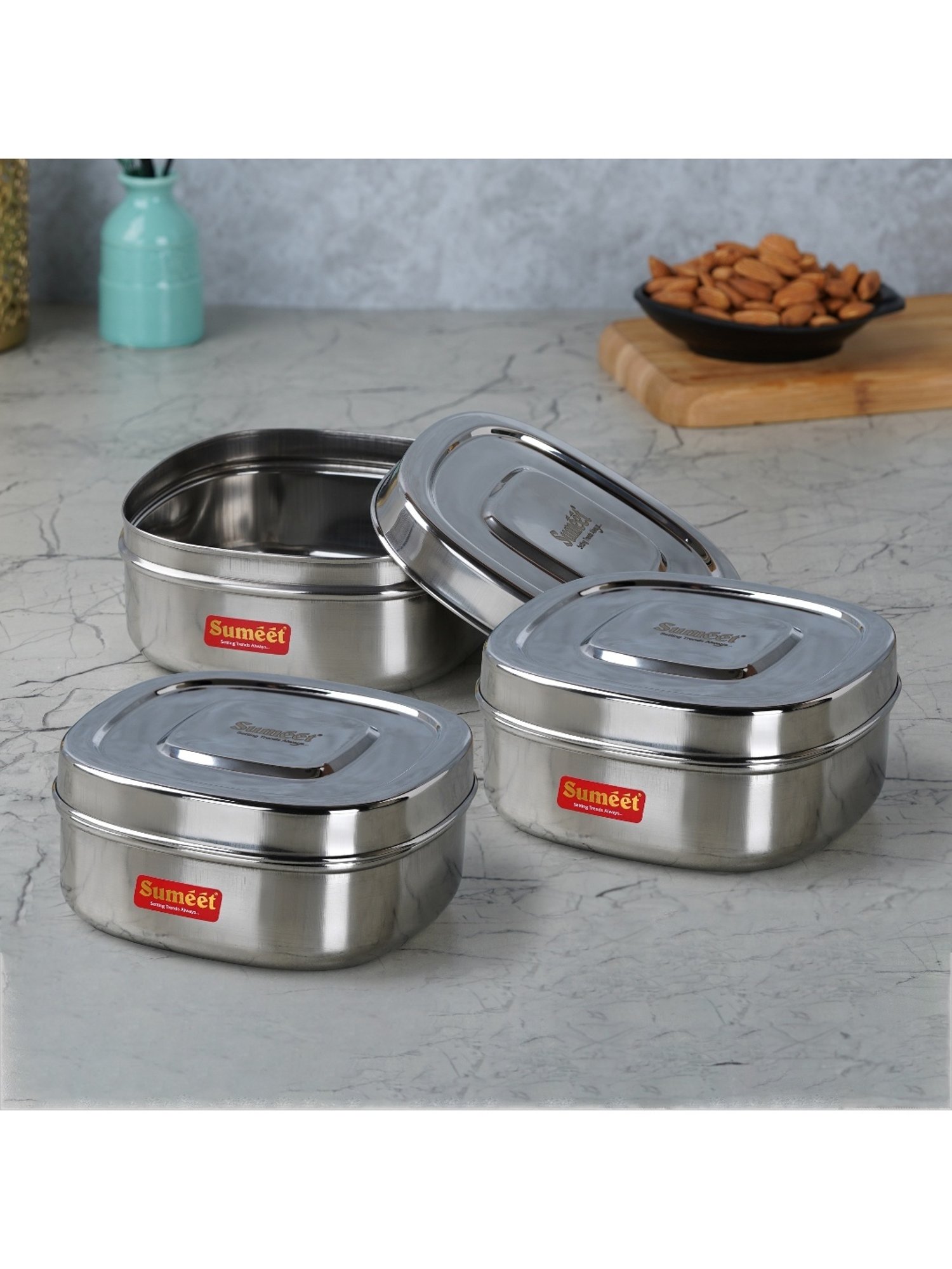 Sumeet S.S. Square Storage containers box/Dabba for Kitchen, Set of 3Pcs, 700ml, 12.5cm Dia, Silver