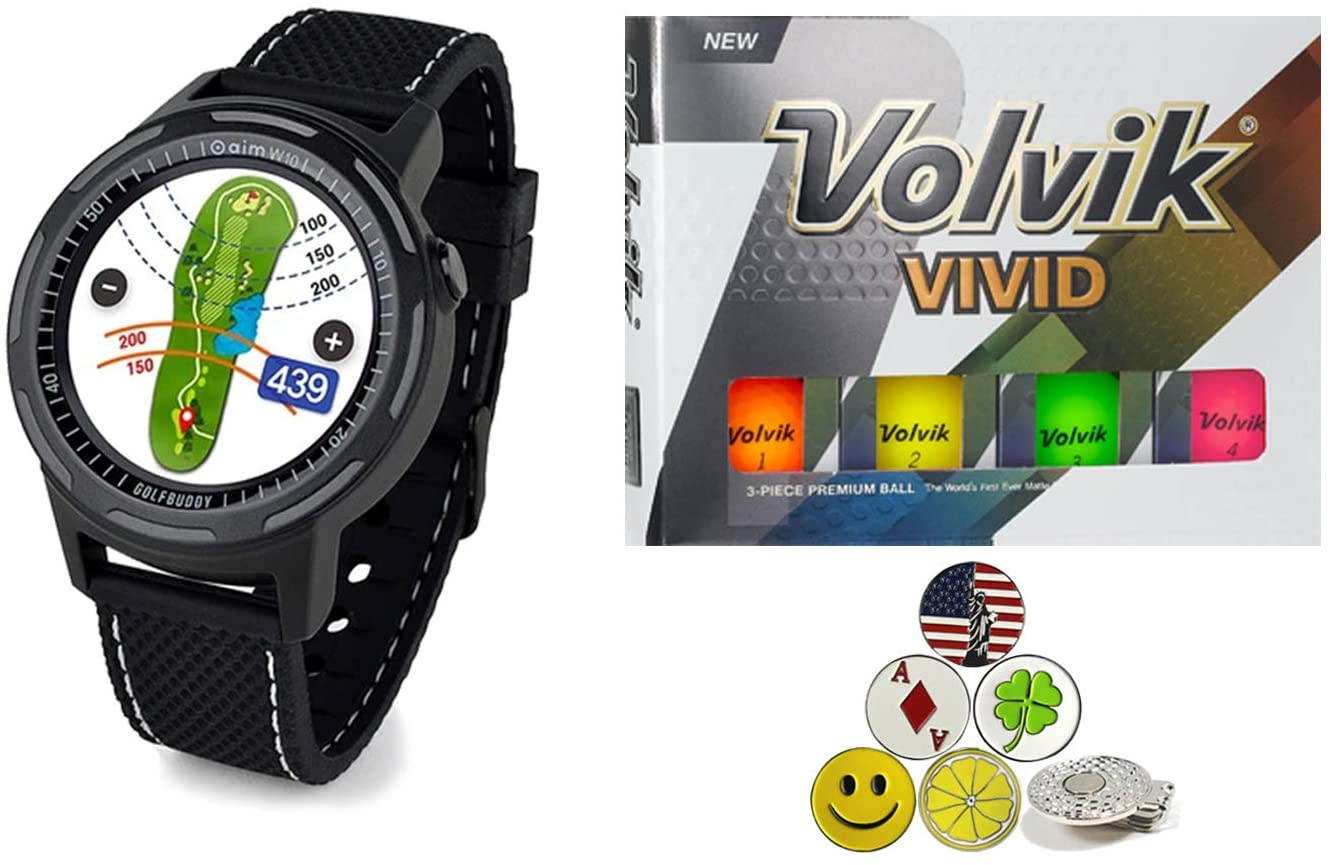 Golf Buddy aim W10 Bluetooth Wireless Golf GPS Smartwatch Bundle with 1 Dozen Volvik Golf Balls, 5 Ball Markers and 1 Magnetic Hat Clip