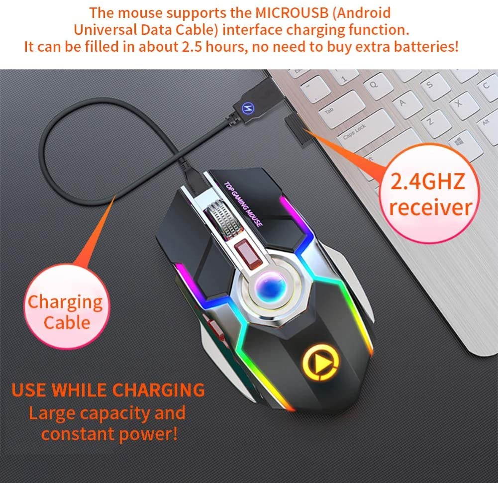 CUUWE Wireless Gaming Mouse2.4G, A5 Ergonomic RGB Backlit 7 Buttons 1600DPI Rechargeable Silent Cordless Mouse for PC Laptop