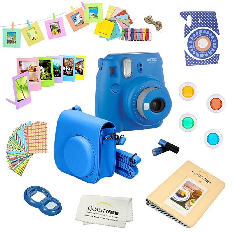 Instax Mini 9 Camera + 14 PC Instax Accessories kit Bundle, Includes; Instax Case + Album + Frames & Stickers + Lens Filters + More (Flamingo Pink)