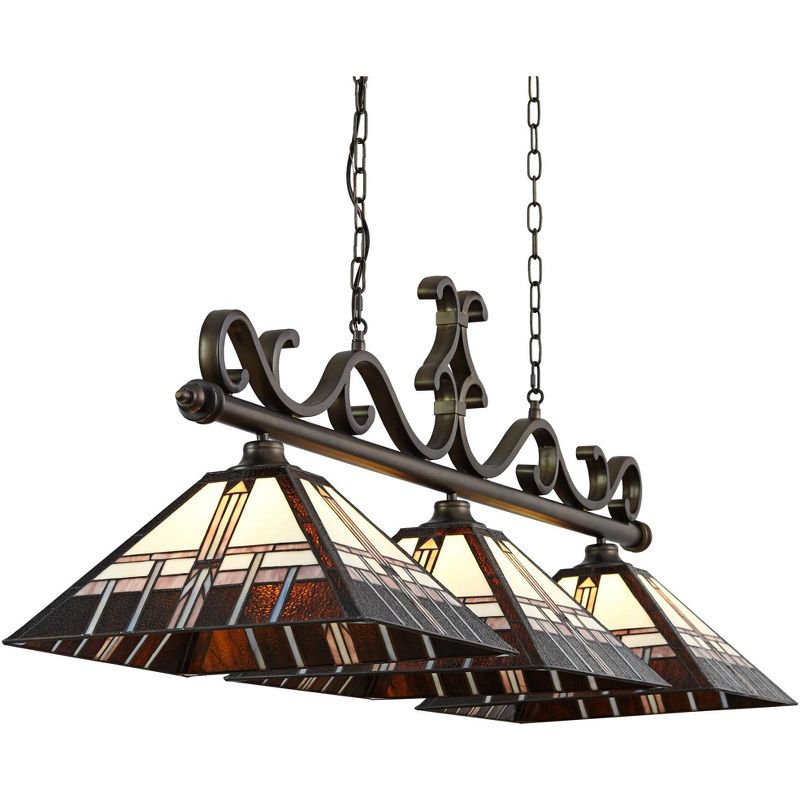 Robert Louis Tiffany Bronze Linear Island Pendant Chandelier 56" Wide Tiffany Style Alfred Art Glass 3-Light Fixture for Kitchen