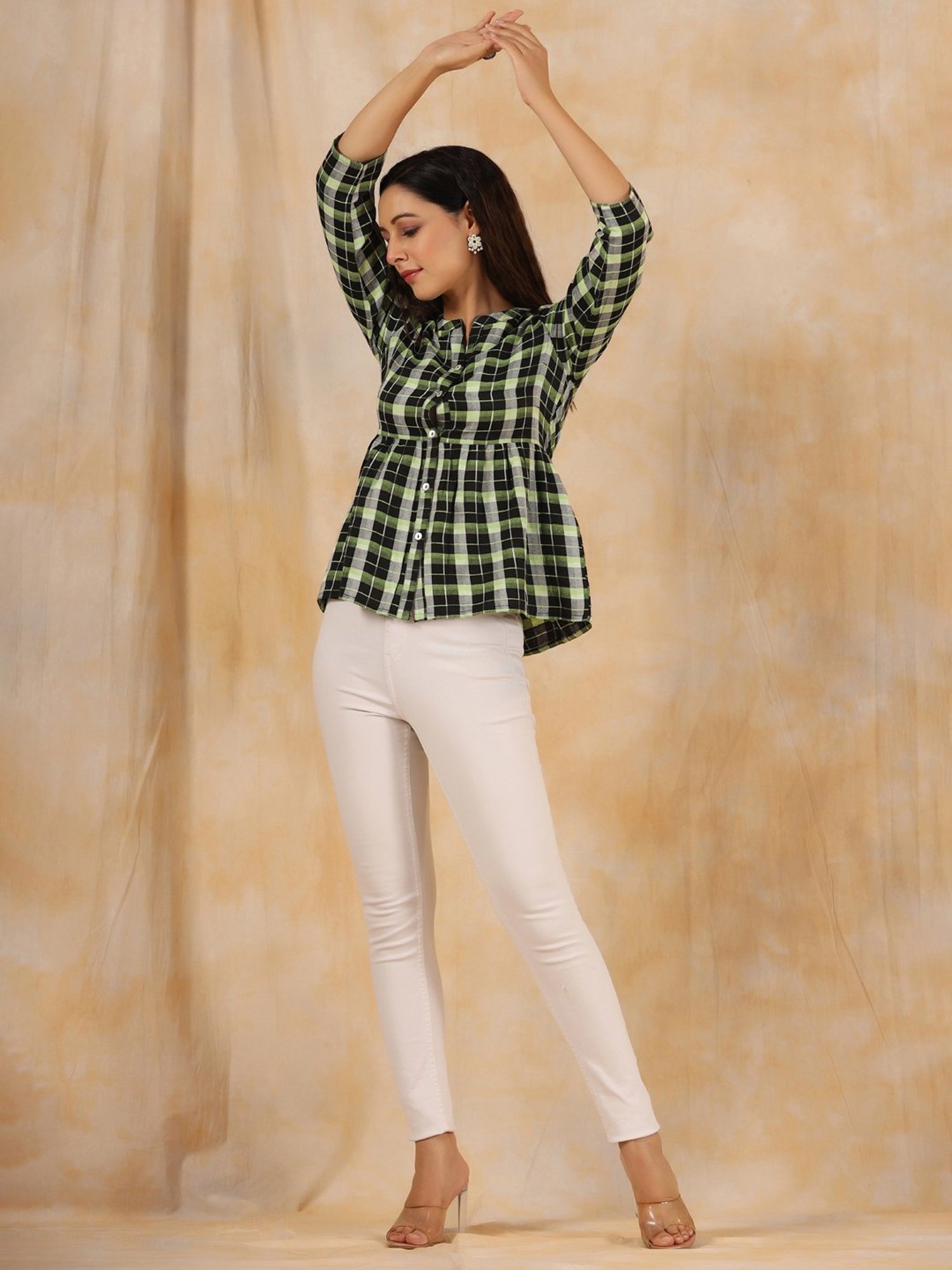 Jaipur Kurti Green Check Peplum Top
