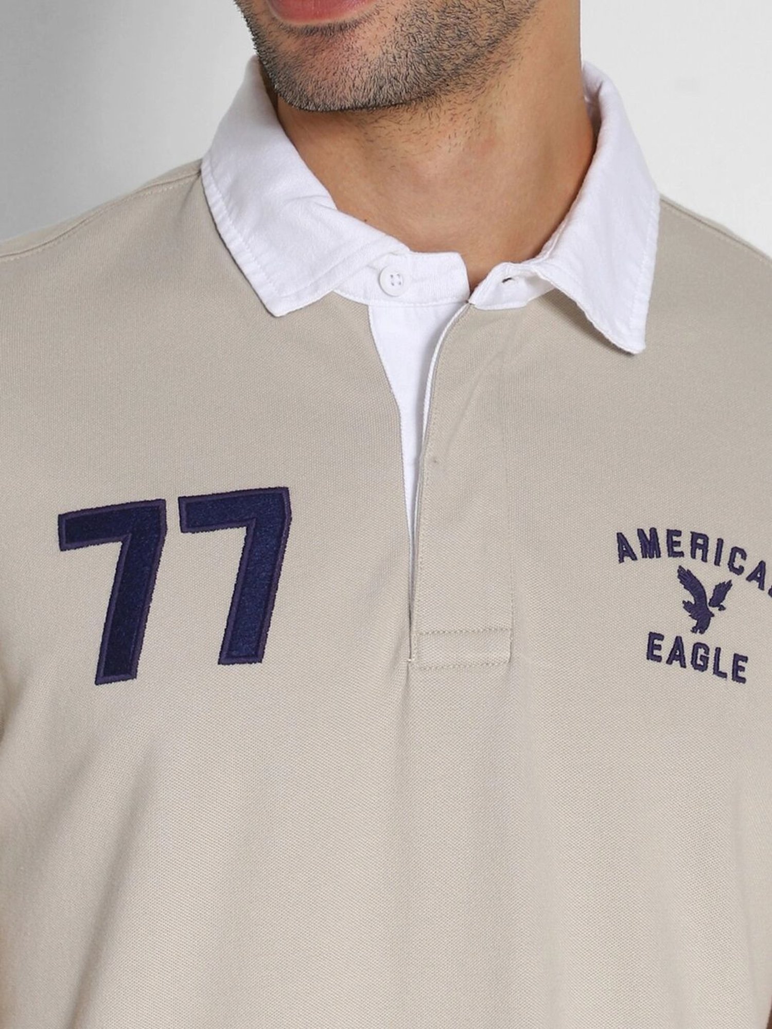 American Eagle Beige Cotton Regular Fit Embroidered T-Shirt