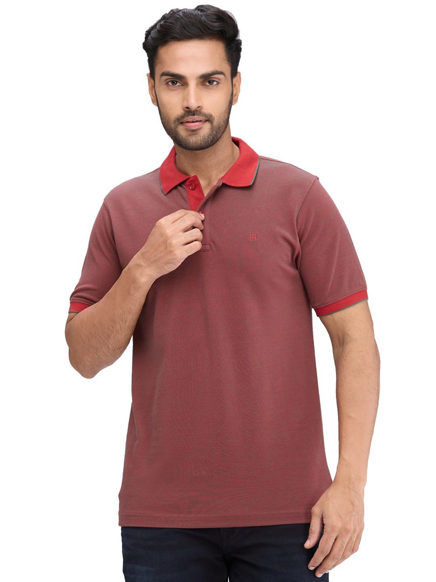 Raymond Maroon Slim Fit Self Pattern Polo T-Shirt