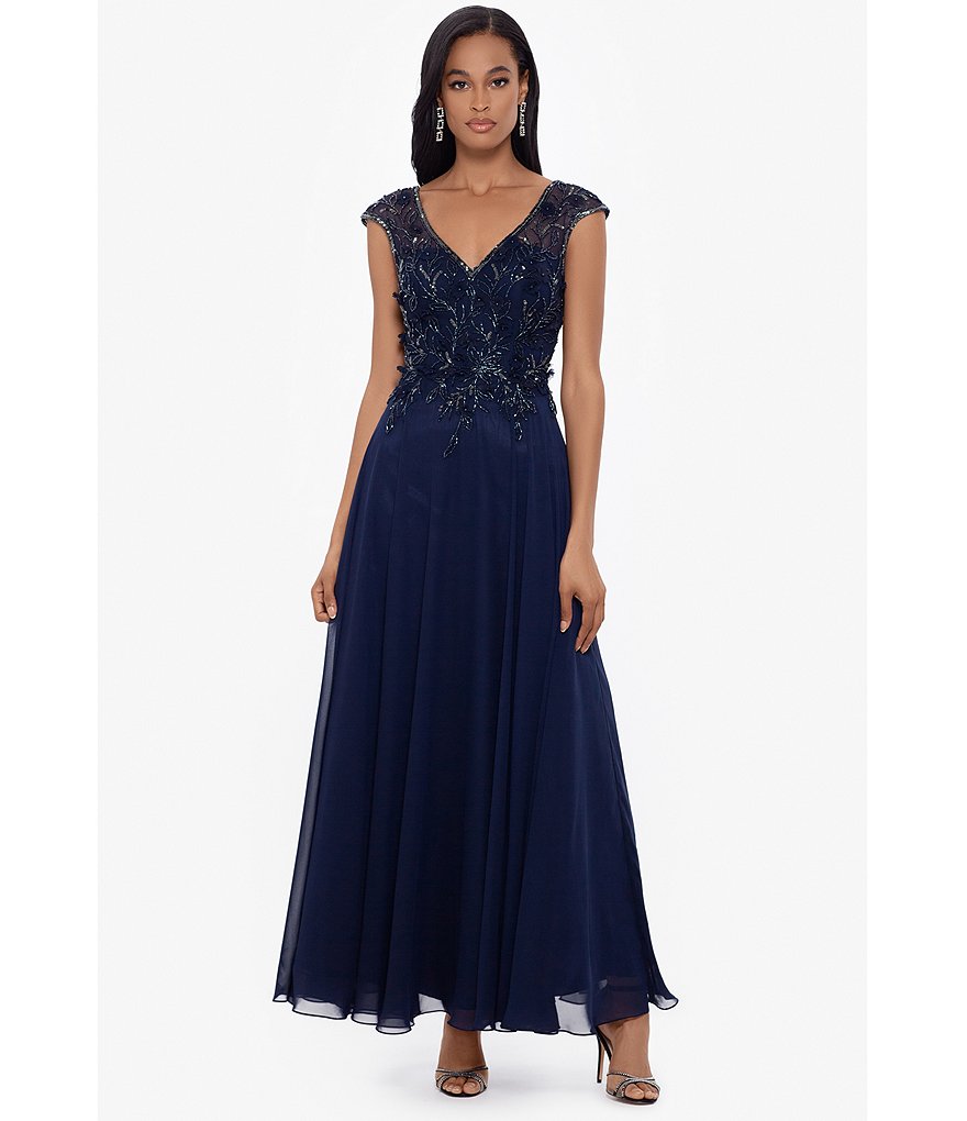 Xscape V-Neck Cap Sleeve Beaded Bodice Chiffon Gown