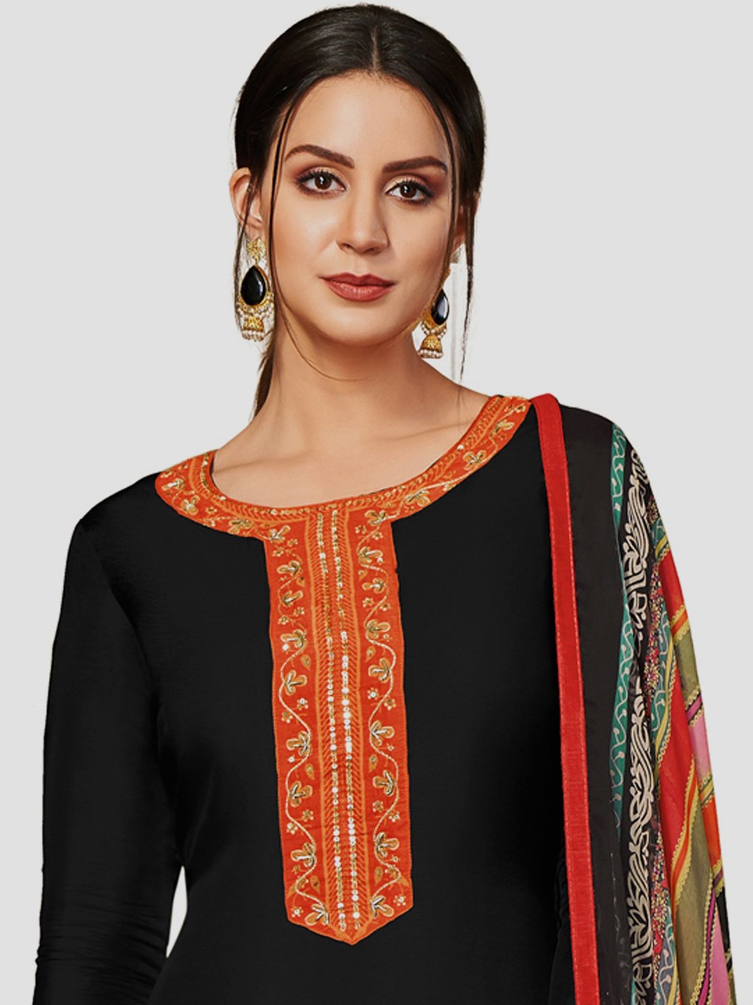 Saree Mall Black Embroidered Unstitched Dress Material With Dupatta