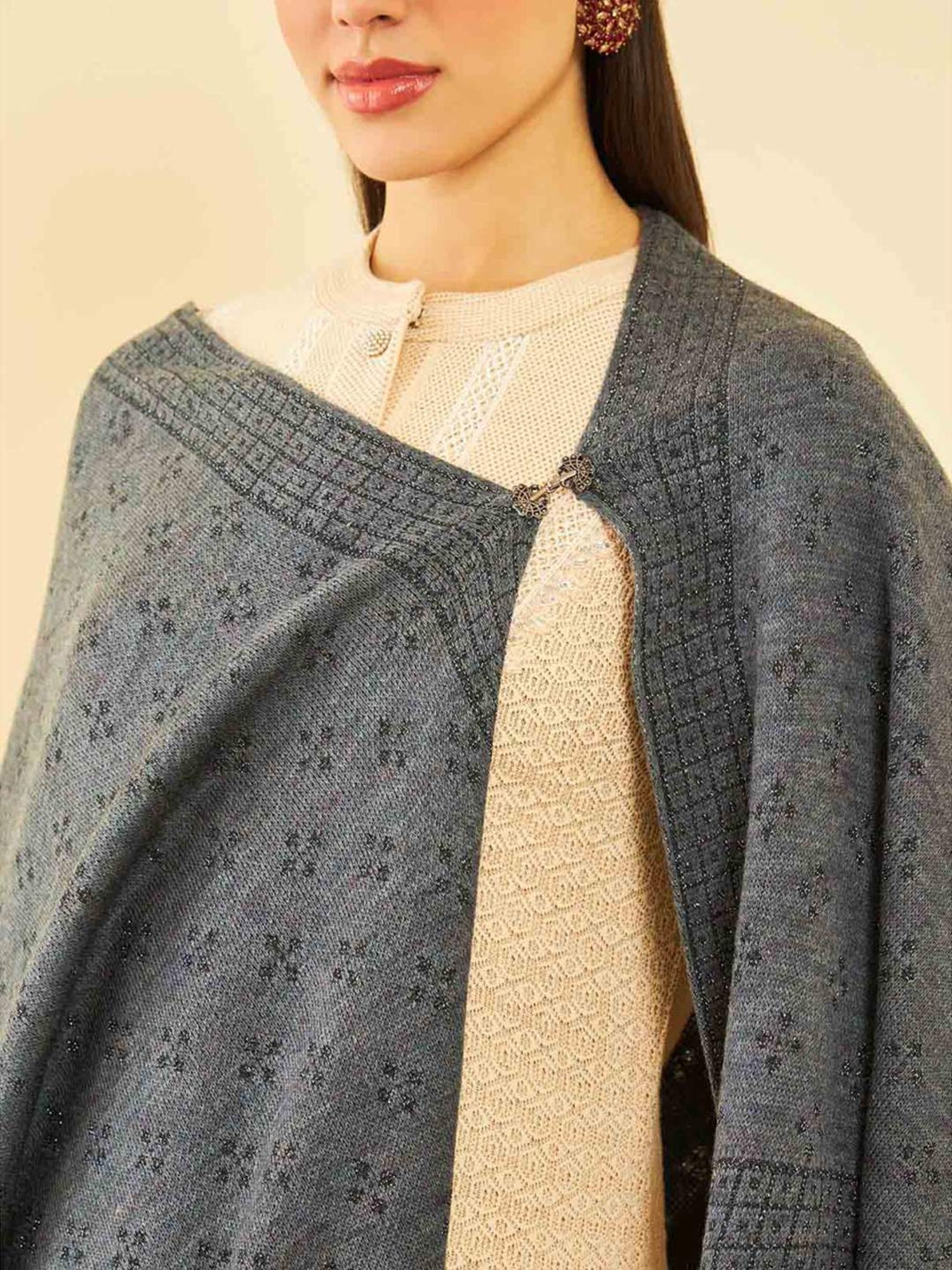 Soch Charcoal Grey Woven Pattern Shawl