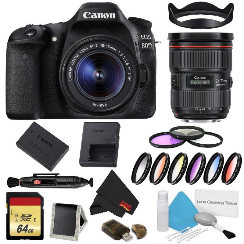 Canon EOS 80D DSLR Camera with 18-55mm Lens Bundle w/ 9 Piece Filter & Memory Kit + 24-70mm Lens (Intl Model)
