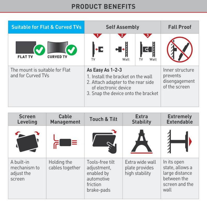 Barkan 40 - 90  Full Motion - 4 Movement, Flat/Curved TV Wall Mount, Extremely Extendable and Stable, Patented,