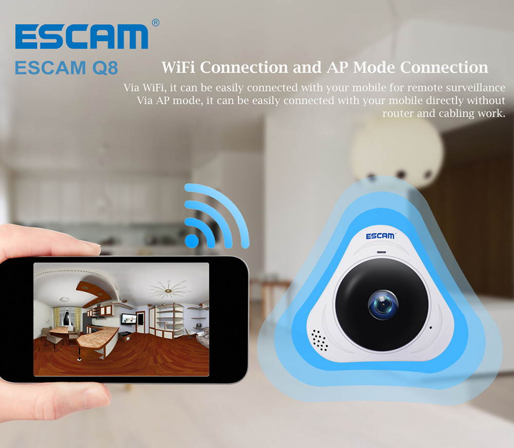 ESCAM Q8 360 Degree Panoramic WiFi IP Camera 960P Fisheye Lens BLACK US Plug