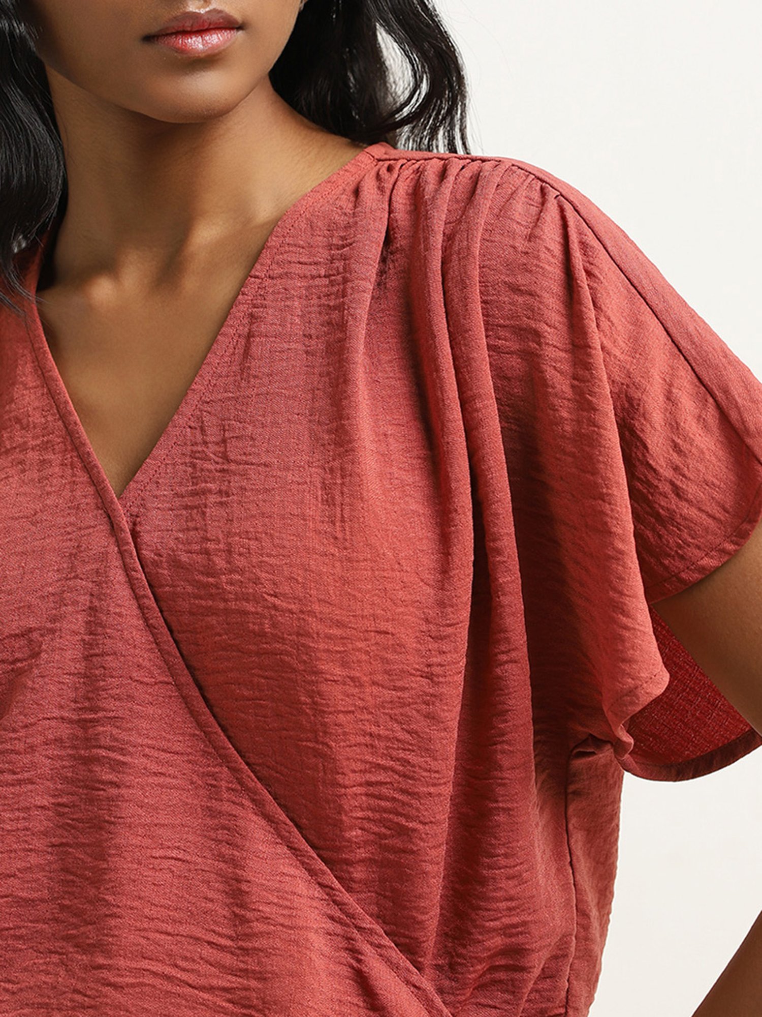 LOV by Westside Red Crinkle Textured Wrap-Over Top