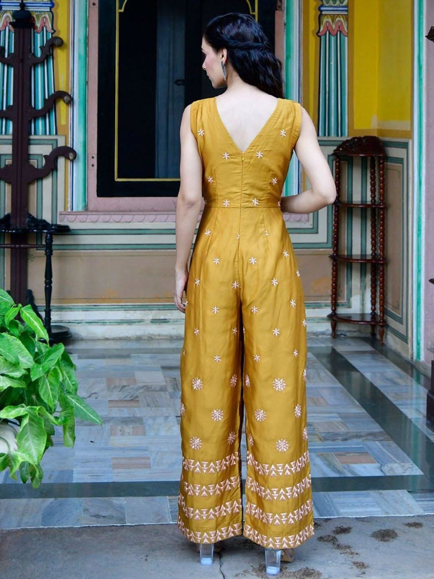 Lirose Mustard Pure Moss Modal Rayon Satin Heavy Embroidered Jumpsuit